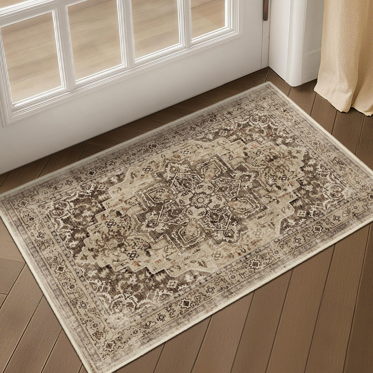 Vintage Dark Green Area Rugs 5x7 for Living Room, Tranditional Distressed Medallion Printed Low Pile Thin Rugs for Bedroom, Non Slip Washable Carpet Rugs for Dining Room/Kitchen/Home Office