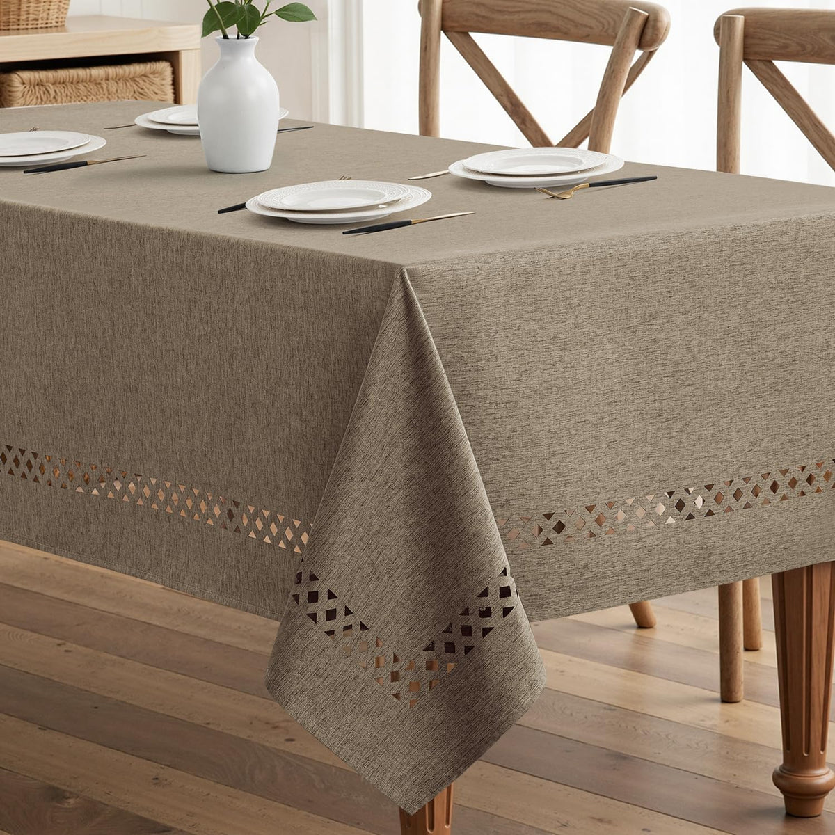MIULEE Beige Rectangle Tablecloth with Decorative Cutouts 52x70 Inch
