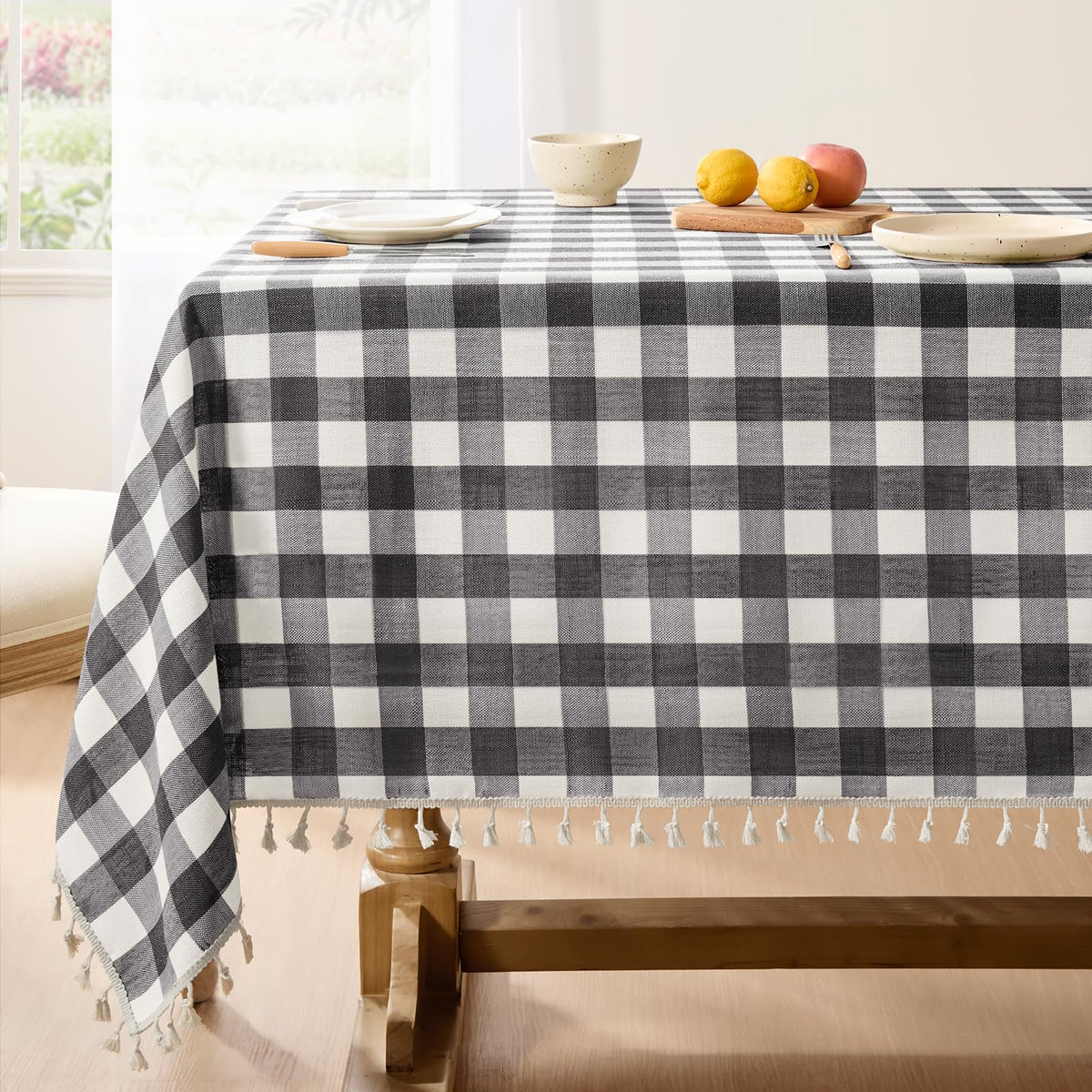 Softalker Gingham Rectangle Tablecloth with Tassel, Sage Green, 55" x 84"