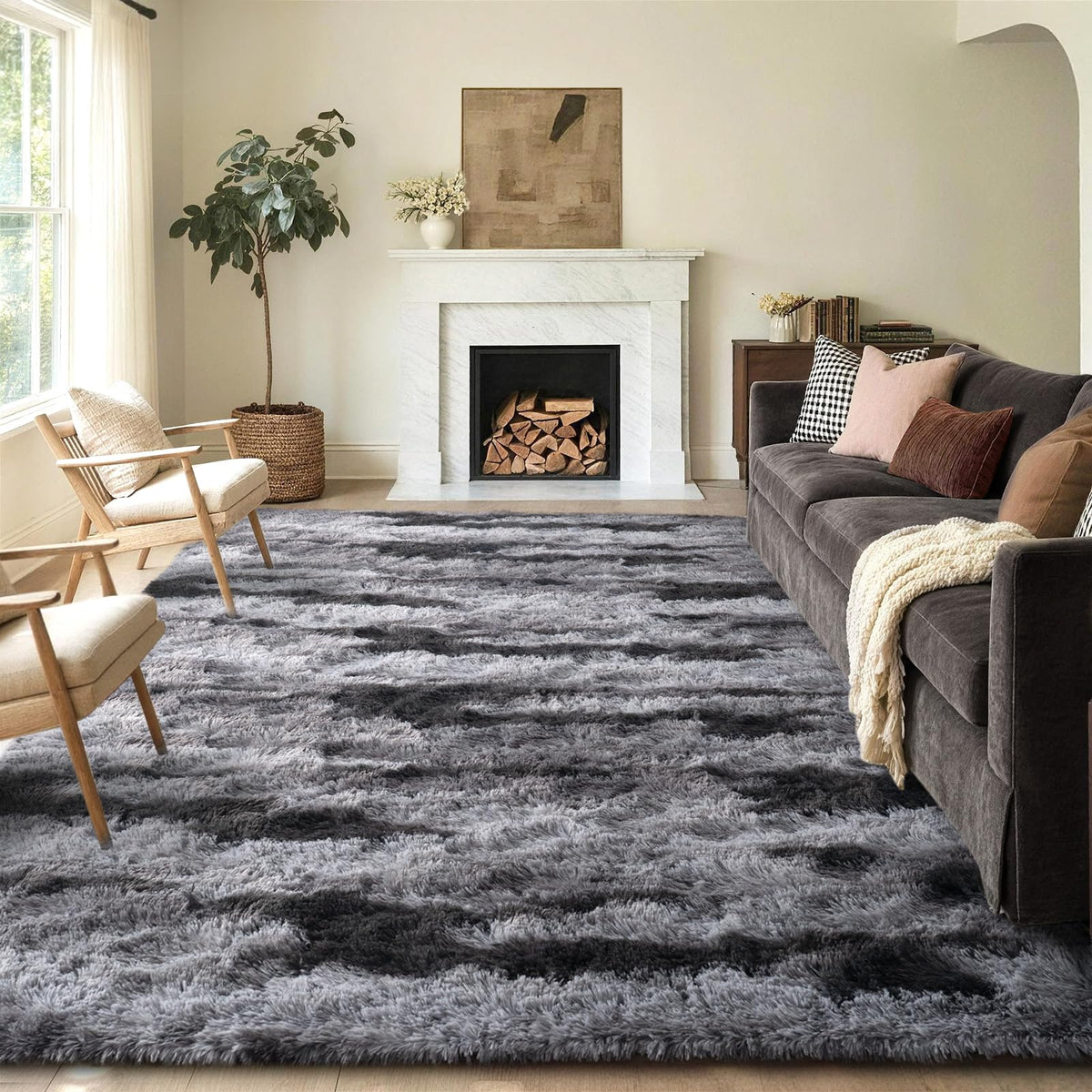 5x8 Area Rugs For Living Room Fluffy Black Rug For Bedroom (Black)