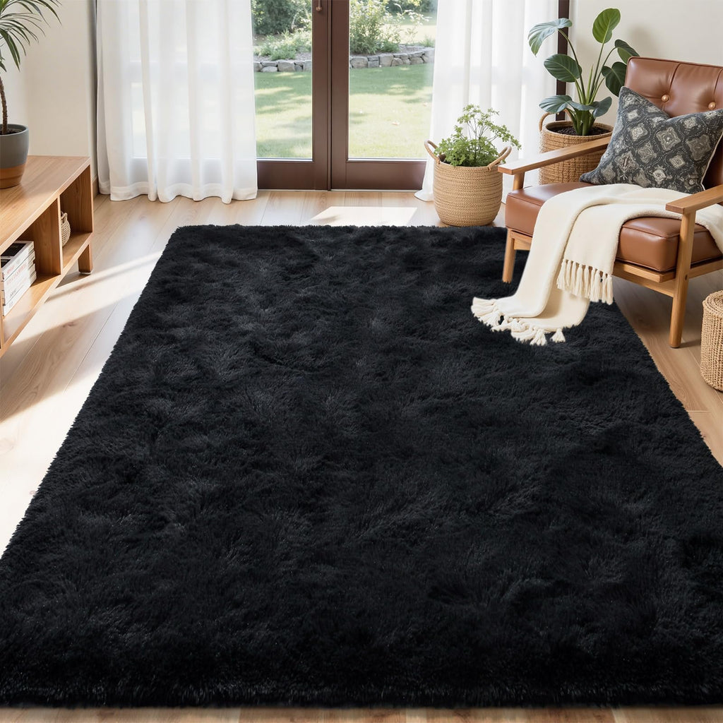 5x7 Black Area Rugs for Living Room, Large Fluffy Shag Bedroom Rugs Non-Slip, Ultra Soft Plush Carpet for Nursery Kids PlayRoom Dorm Office Indoor Modern Carpets