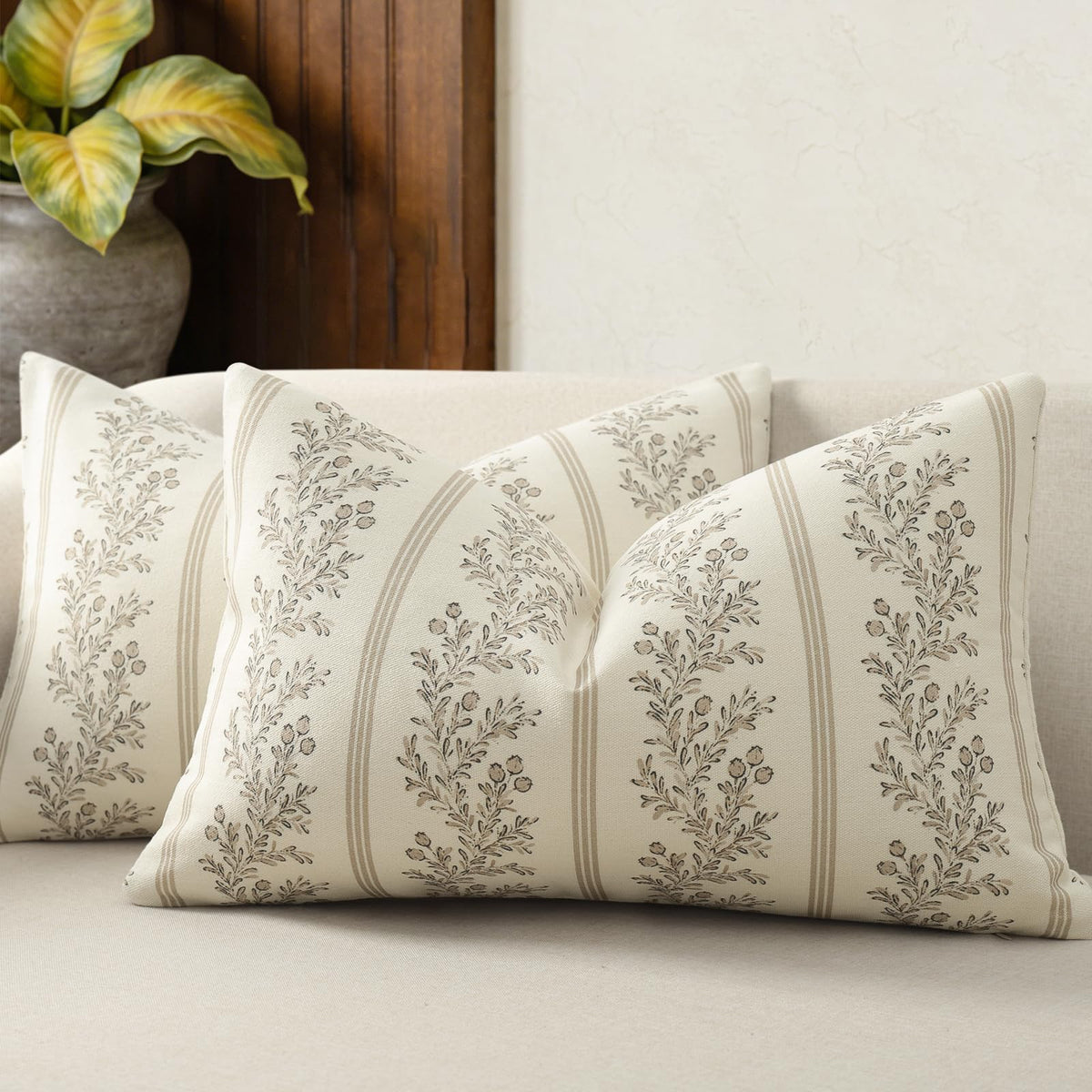Vintage Throw Pillow Covers 18x18 Set of 2, Striped Floral Pillow Cover Botanical Patterned Decorative Cushion Covers Modern Farmhouse Home Decor for Sofa Couch Bed Living Room, Light Blue