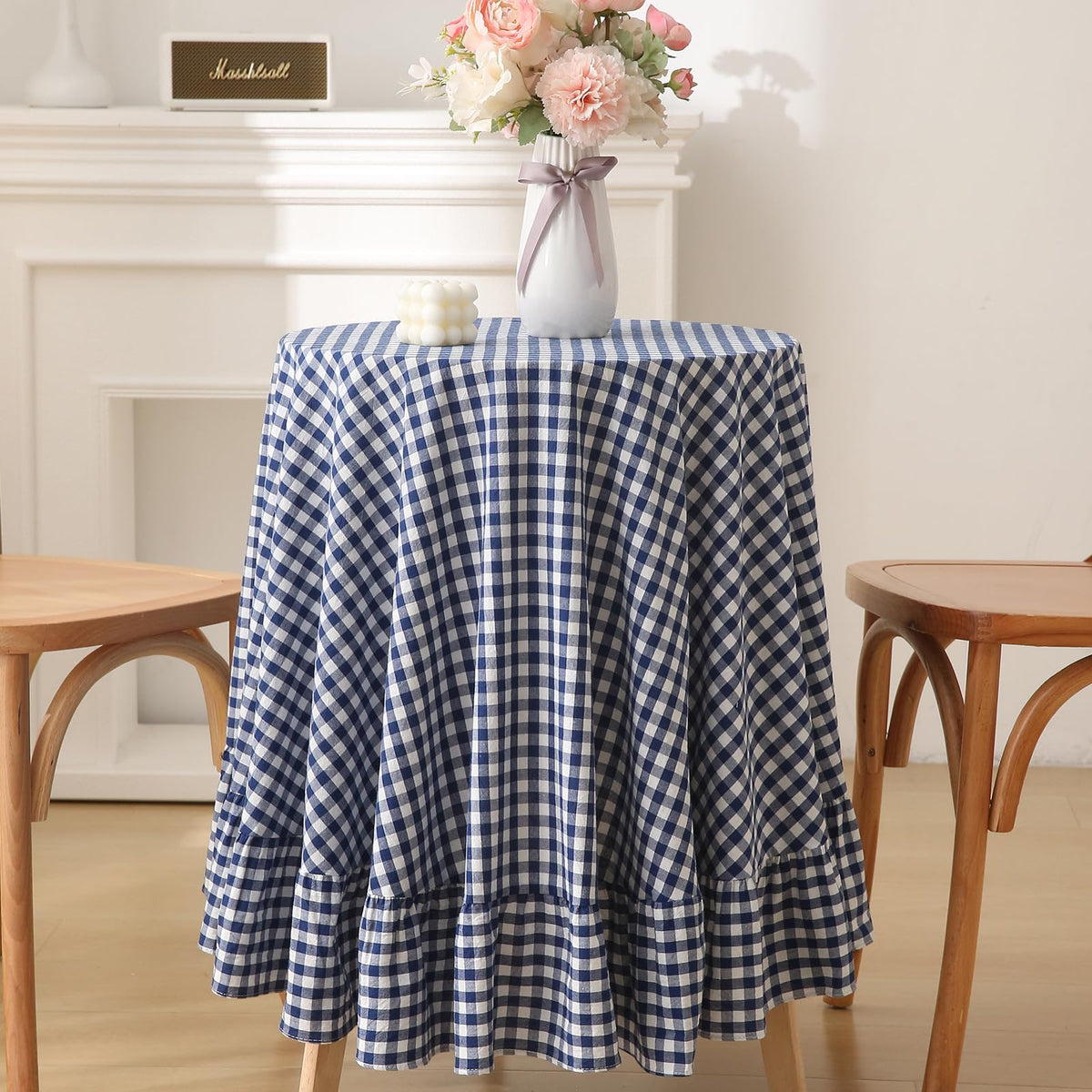 Blush White Gingham Ruffled Table Cloth Rectangular 120“x60”