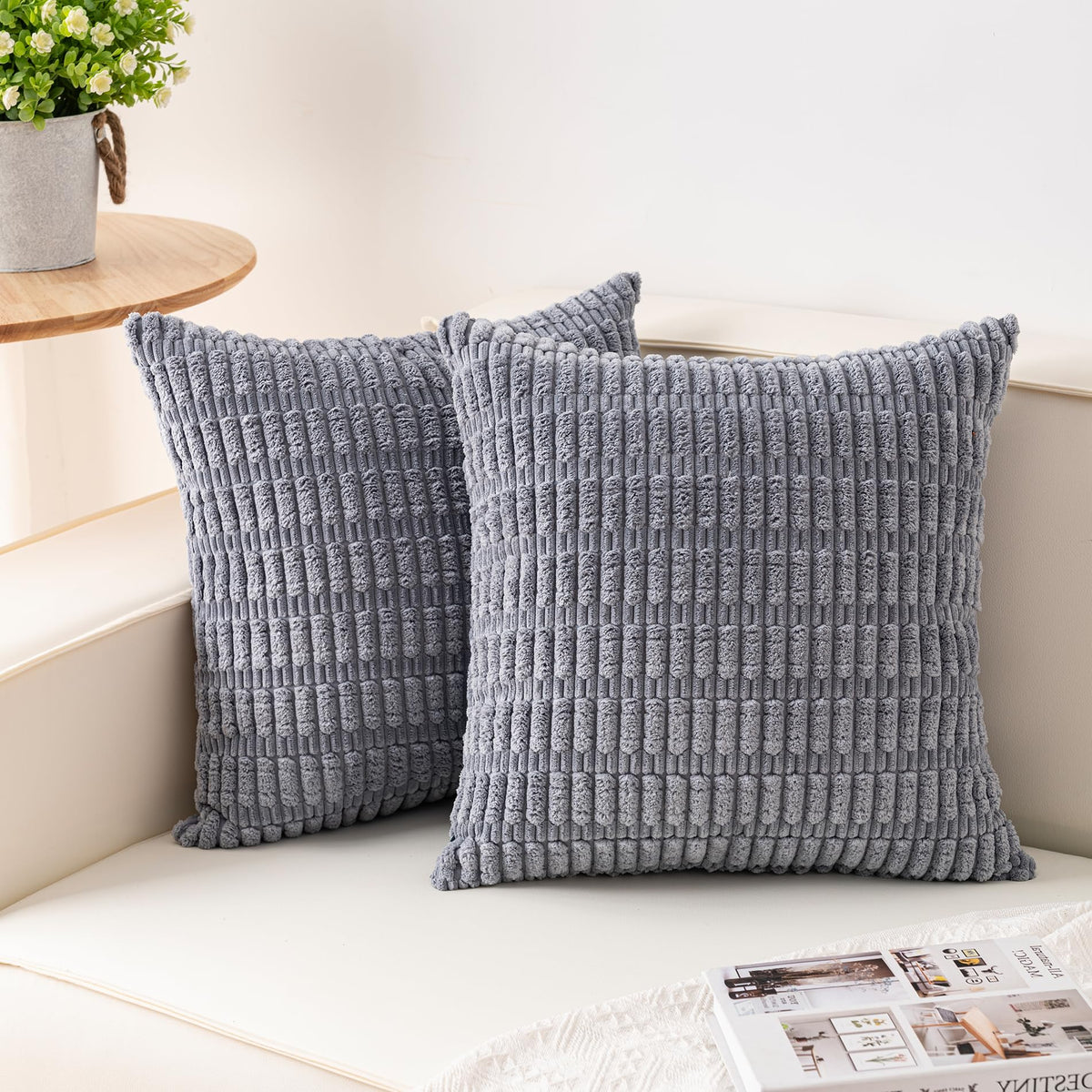Pack of 2 Corduroy Decorative Throw Pillow Covers 18x18 Inch, Cream White