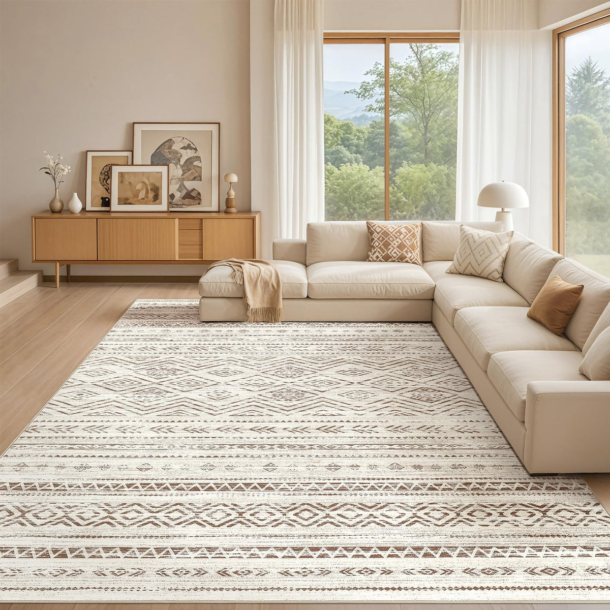 Tortania Area Rug Living Room Rugs - 5x7 Washable Large Soft Neutral Boho Moroccan Bohemian Farmhouse Rug Indoor Floor Carpet for Bedroom Under Dining Table Home Office Decor - Cream Brown