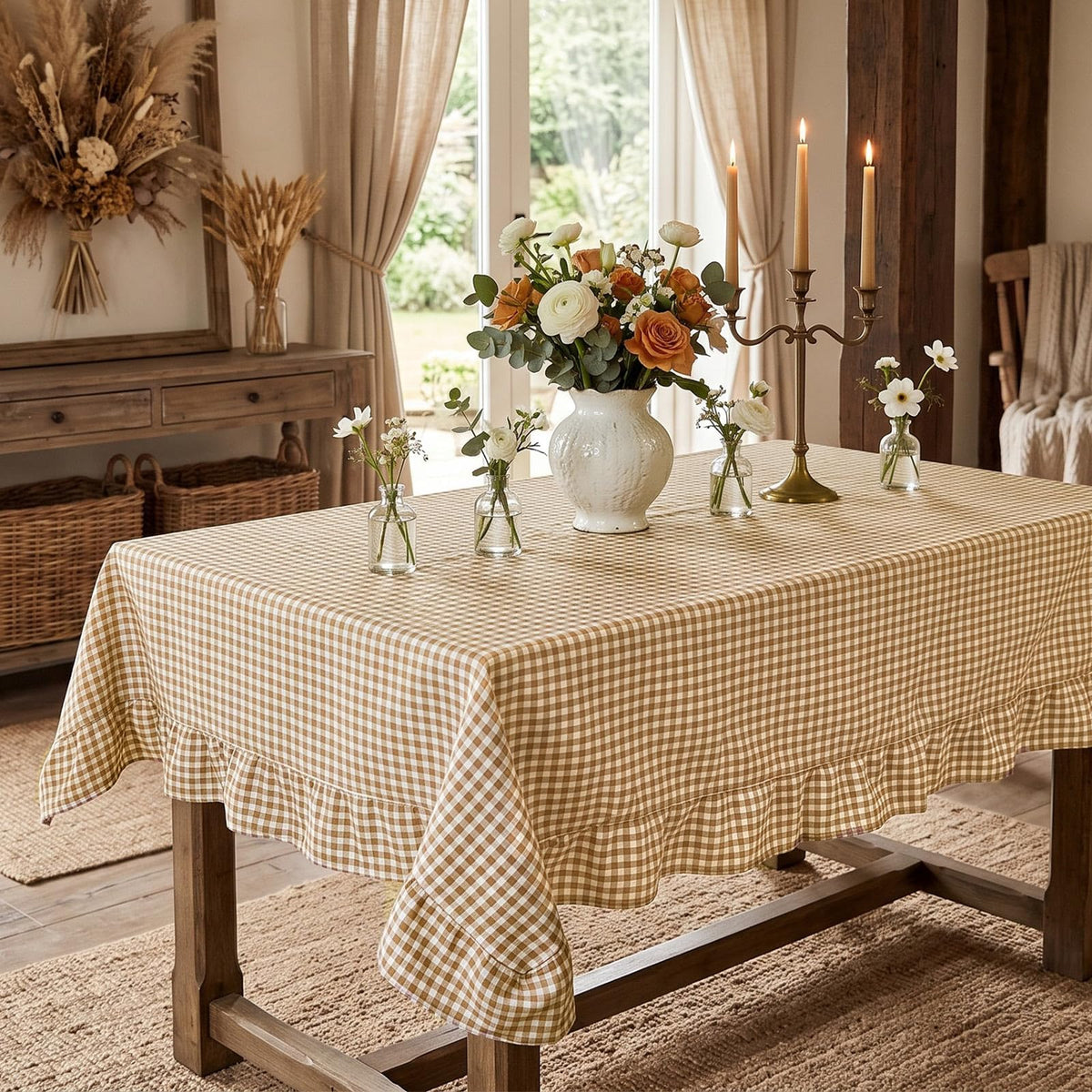Mindsoft Brown Ruffled Gingham Tablecloth, 52 x 70 Inches, Rectangle