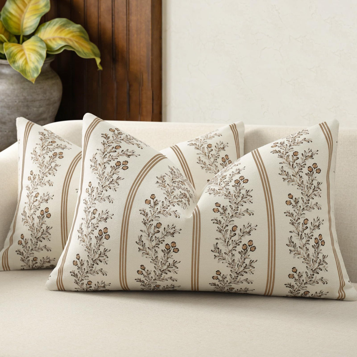 Vintage Throw Pillow Covers 18x18 Set of 2, Striped Floral Pillow Cover Botanical Patterned Decorative Cushion Covers Modern Farmhouse Home Decor for Sofa Couch Bed Living Room, Light Blue
