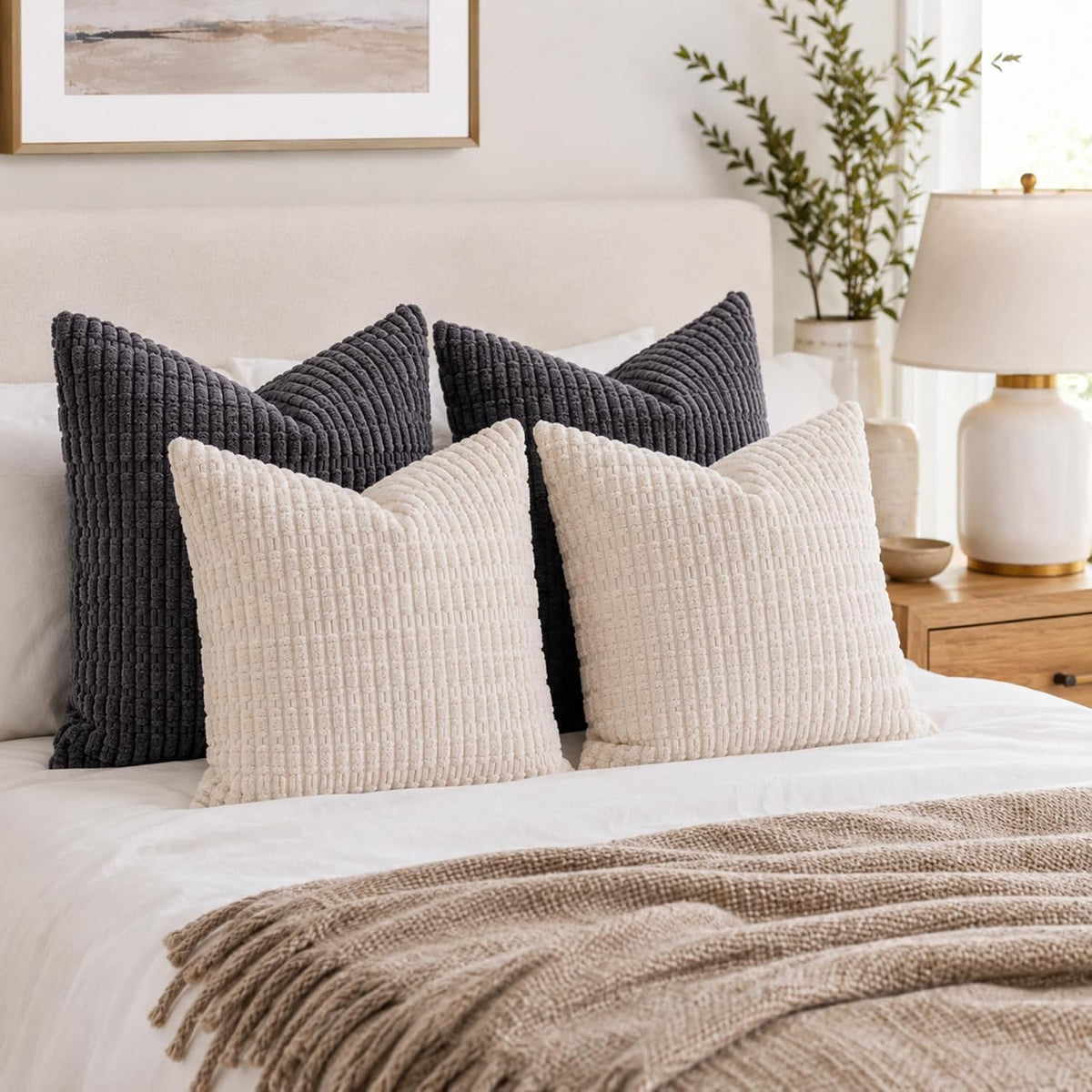Pack of 2 Corduroy Decorative Throw Pillow Covers 18x18 Inch, Cream White
