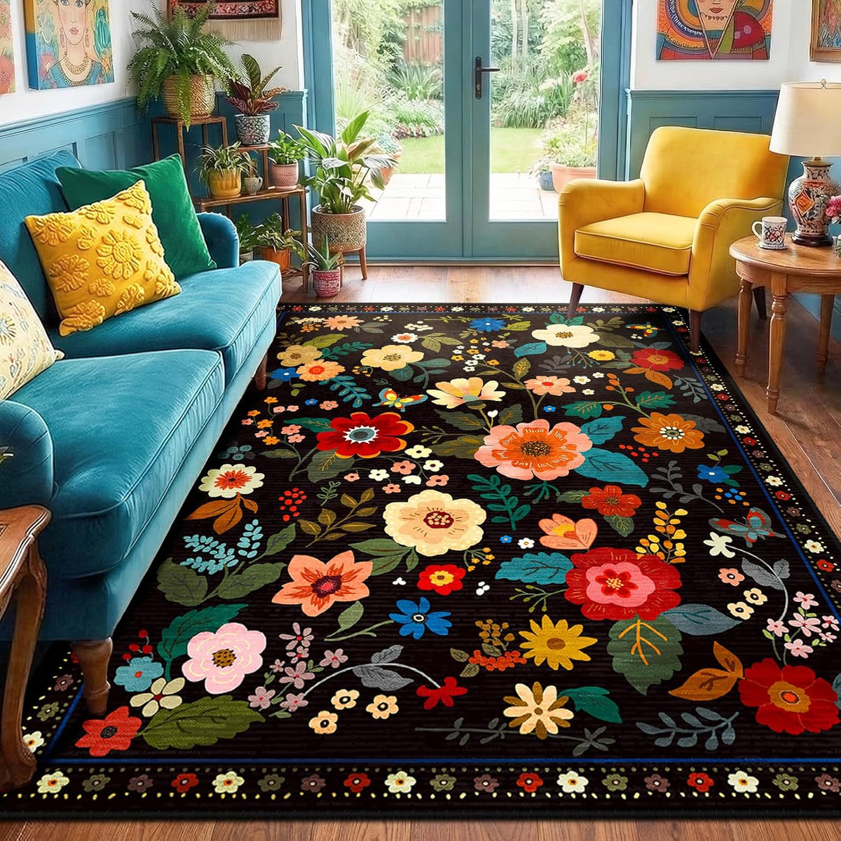 RELEANY Floral Washable 5x7 Area Rugs Black