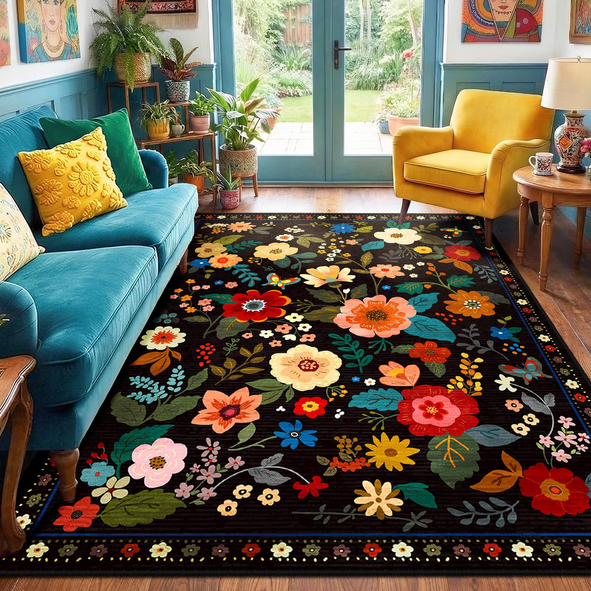 RELEANY Floral Washable 5x7 Area Rugs Black