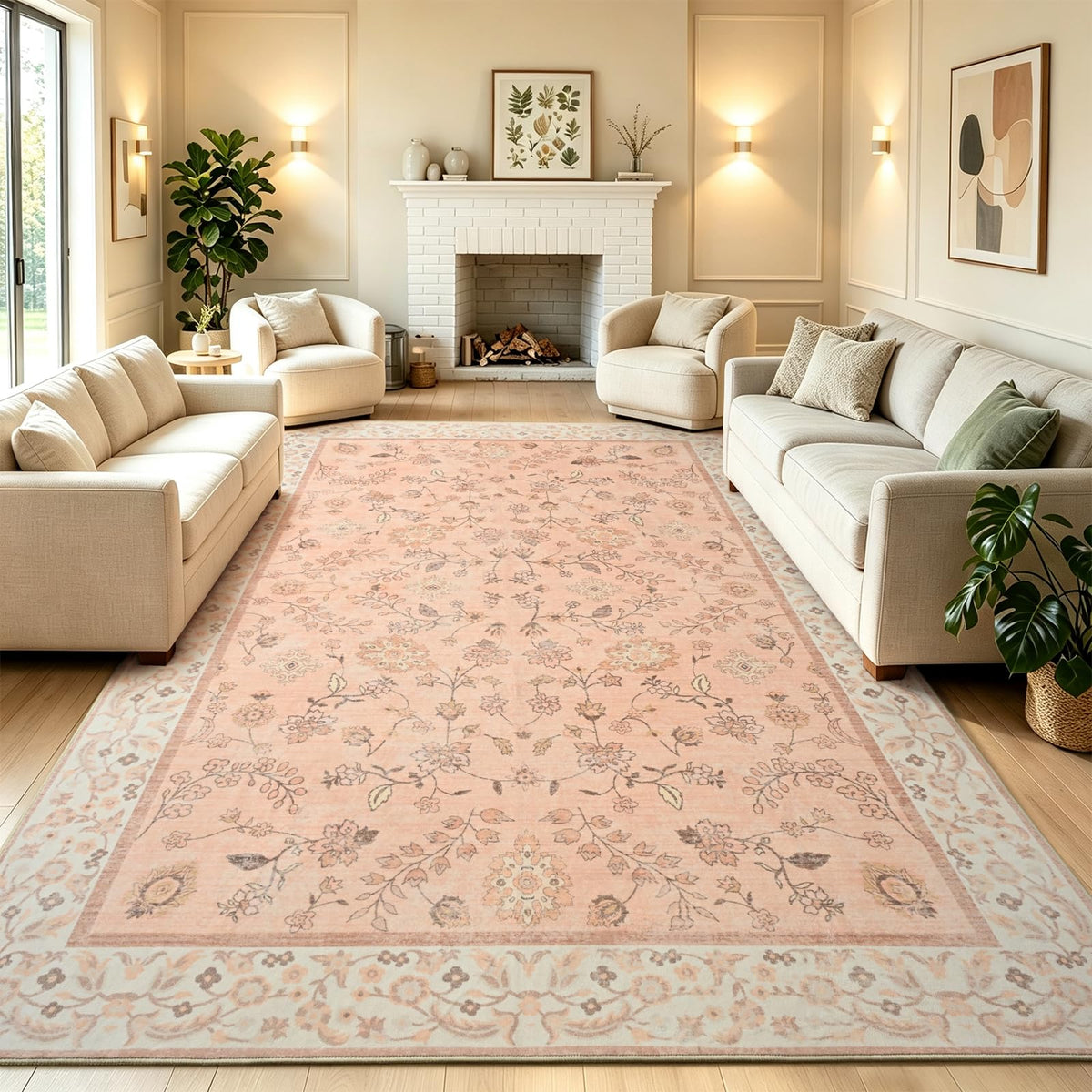 Washable 9x12 Area Rug for Living Room, Non-Slip Large Pink Bedroom Rugs