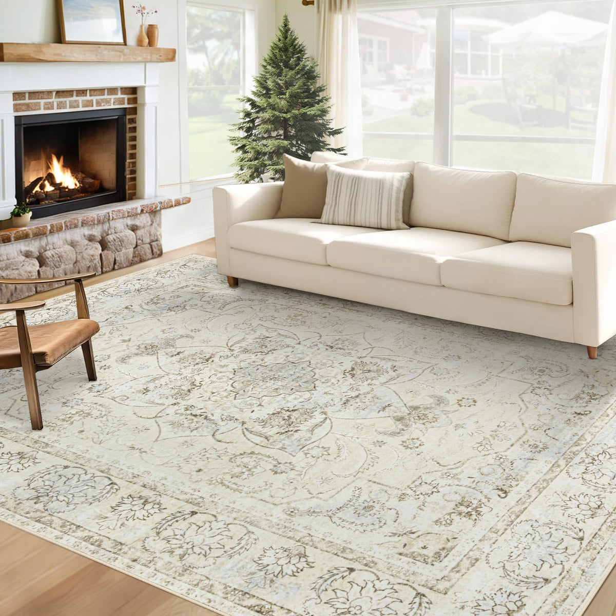 Area Rug 8x10 Washable Rug, Vintage Boho Medallion Rugs Non-Slip Soft Low Pile Large Distressed Rug Indoor Retro Carpet for Living Room Bedroom Dining Room Office Children's Room(Beige, 8'x10')