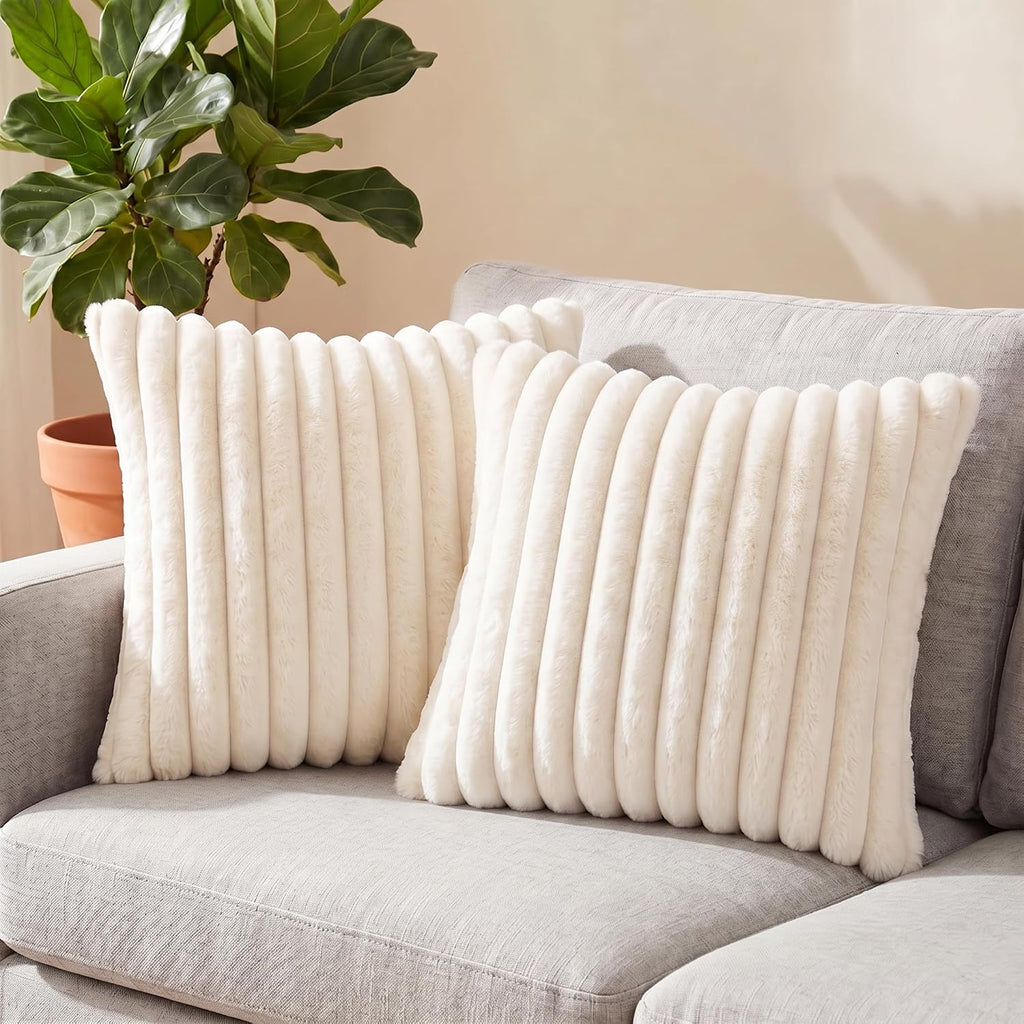 Set of 2 Decorative Throw Pillow Covers 18x18, Faux Fur Cream White