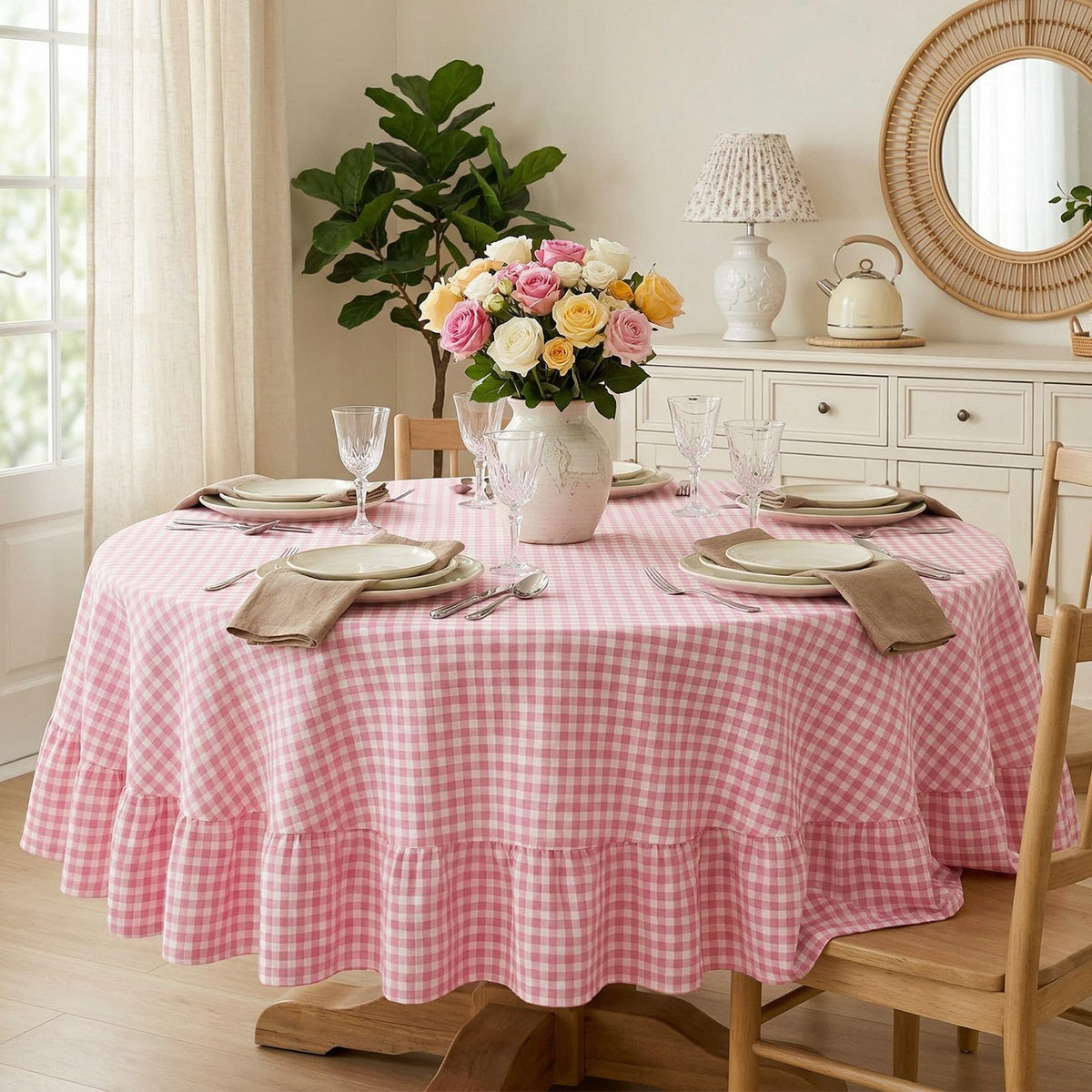 Mindsoft Brown Ruffled Gingham Tablecloth, 52 x 70 Inches, Rectangle