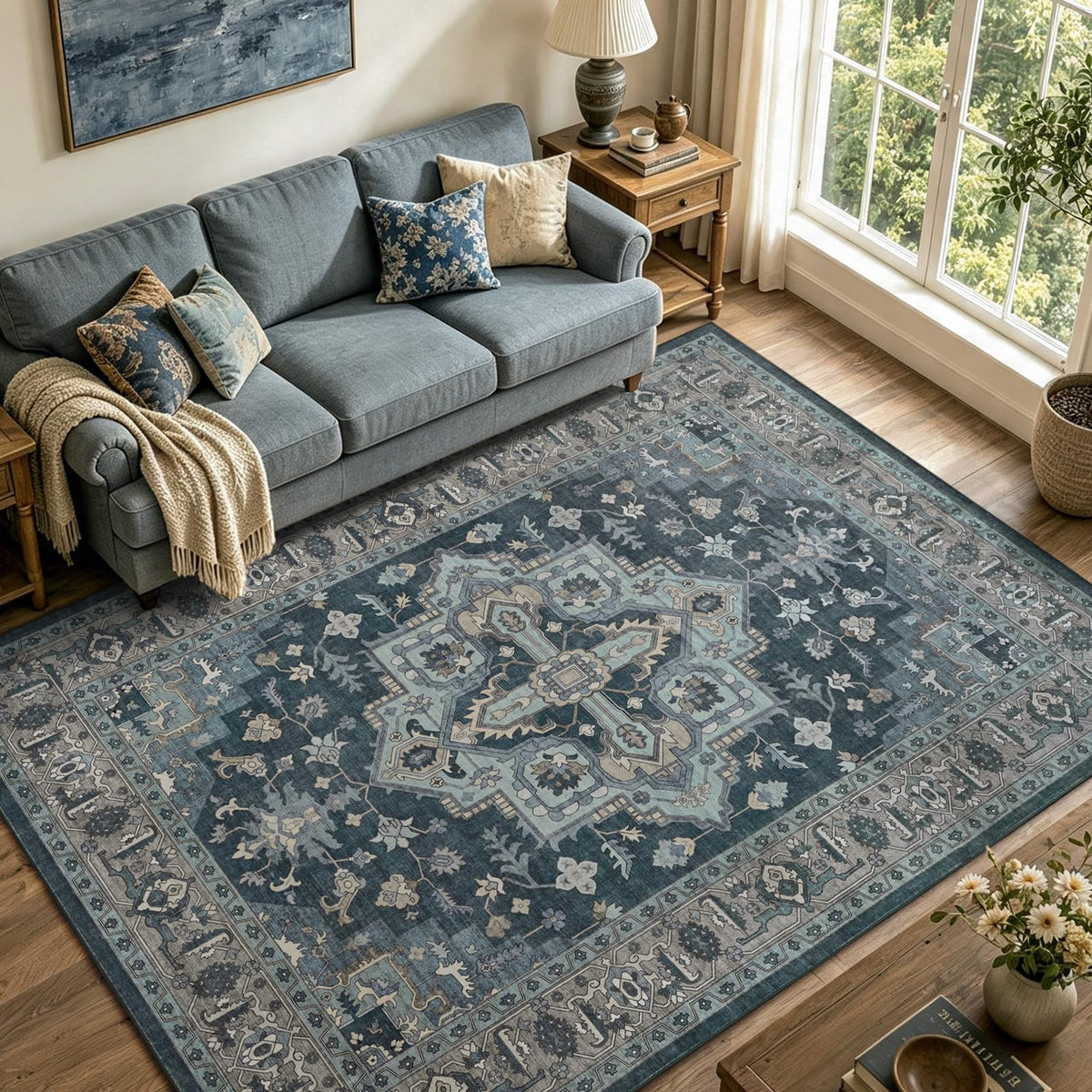 6x9 Ft Large Area Rugs for Living Room, Soft Non-Slip Machine Washable Rug, Vintage Stain Resistant Carpets for Bedroom Nursery Dining Room Home Decor (Beige)