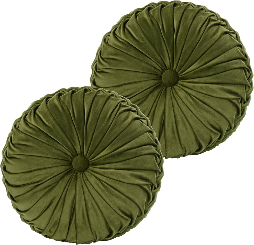 HIG Set of 2 Olive Velvet Decorative Round Pleated Throw Pillows