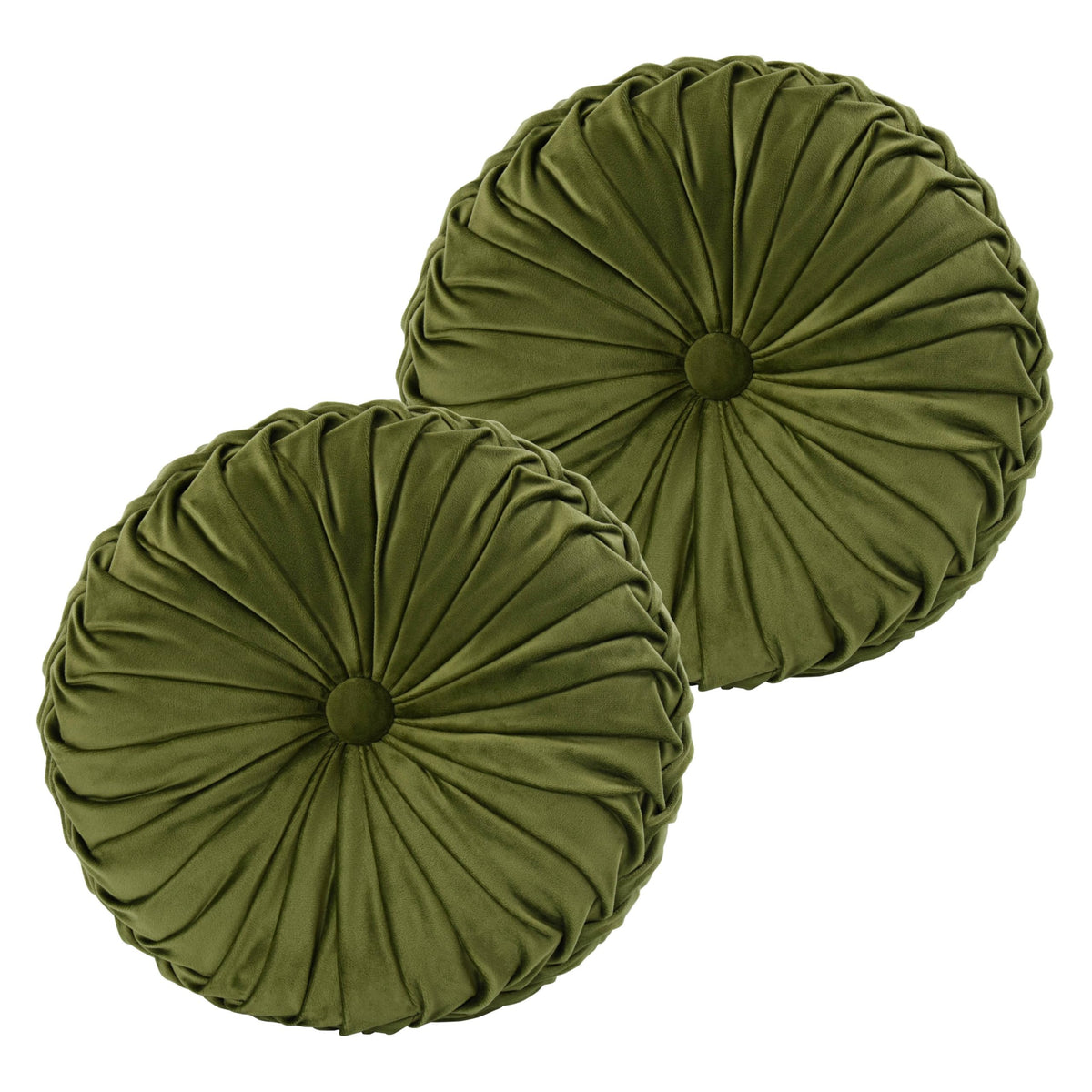 HIG Set of 2 Olive Velvet Decorative Round Pleated Throw Pillows