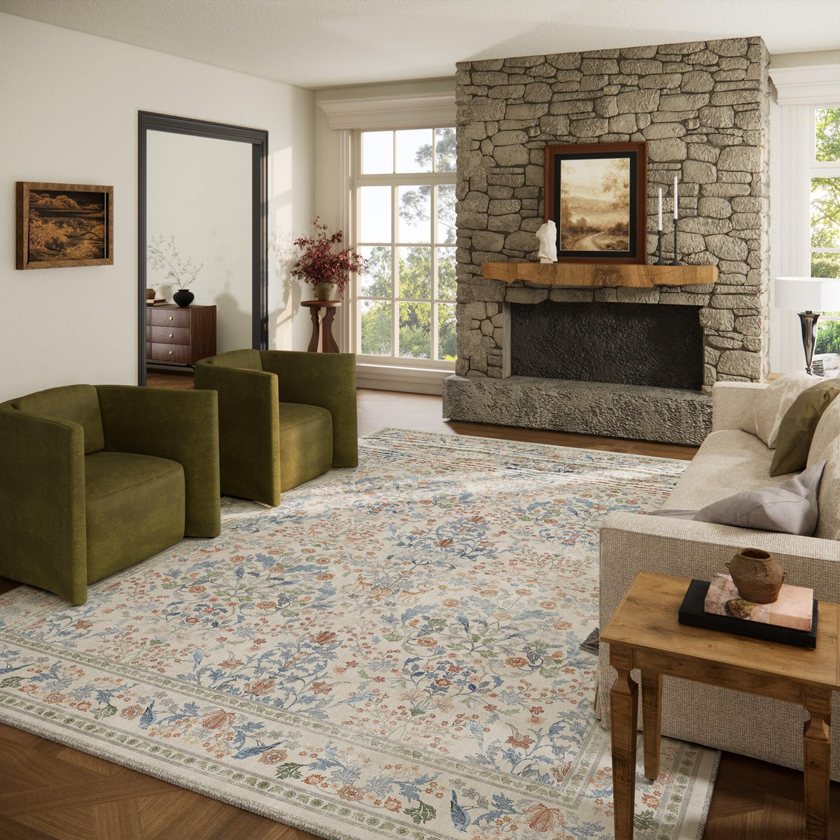 Washable Area Rugs for Living Room: 9x12 Area Rug for Bedroom Vintage Stain Resistant Non Slip Low Pile Lightweight Soft Carpet for Kitchen Dining Room Farmhouse Kids Room Nursery