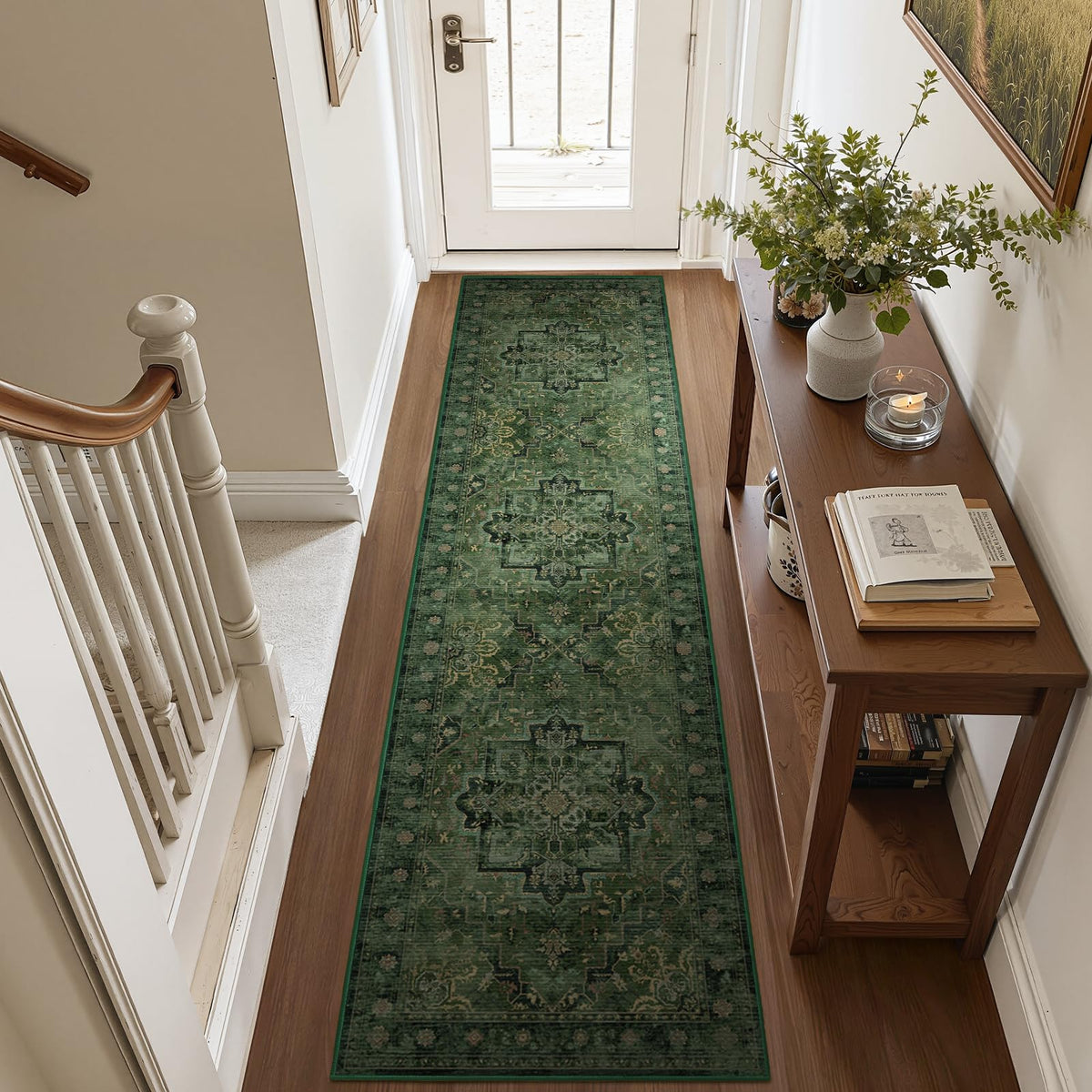 Vintage Dark Green Area Rugs 5x7 for Living Room, Tranditional Distressed Medallion Printed Low Pile Thin Rugs for Bedroom, Non Slip Washable Carpet Rugs for Dining Room/Kitchen/Home Office