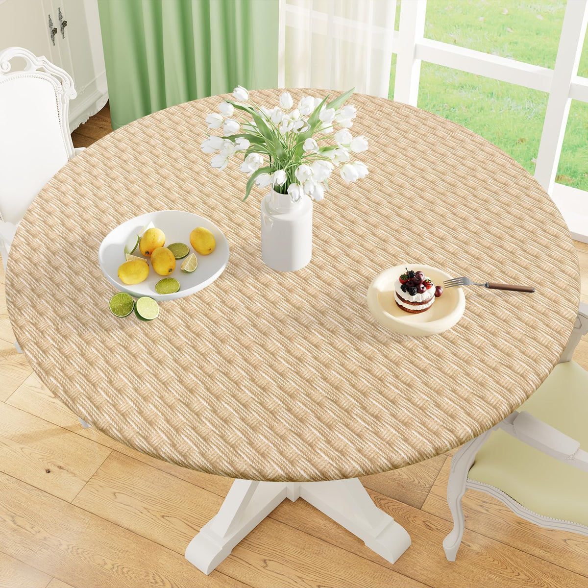 misaya Round Fitted Tablecloth with Elastic Edge, 100% Waterproof Oil Proof Plastic Table Cover, Vinyl Flannel Backed Tablecloth Fits 36"-44" Round Tables for Dinner, Outdoor, Picnic, Flowers