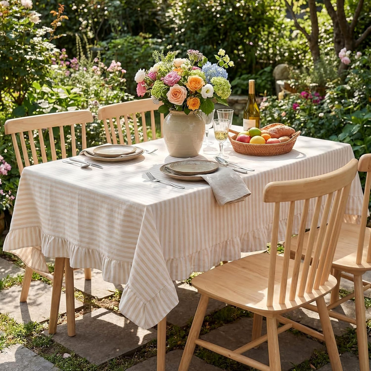 Boao Cotton Striped Tablecloth Rectangle 52" X 70" Beige White