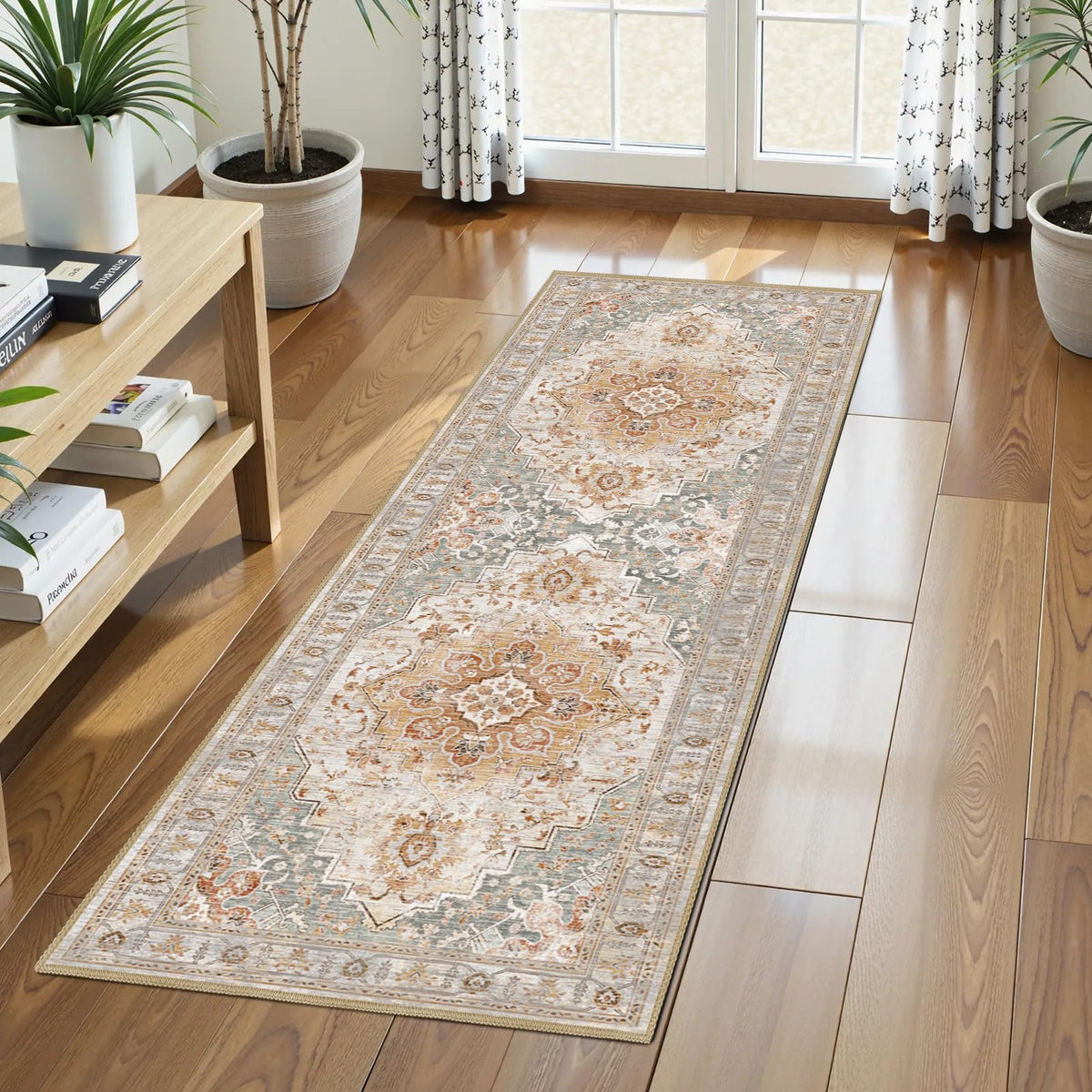 Washable Area Rug 5' x 7' Vintage Traditional Persian Mat - Foldable Distressed Non-Slip Machine Washable Carpet for Living Room Bedroom Kitchen Home Decor - Graphite and Mist