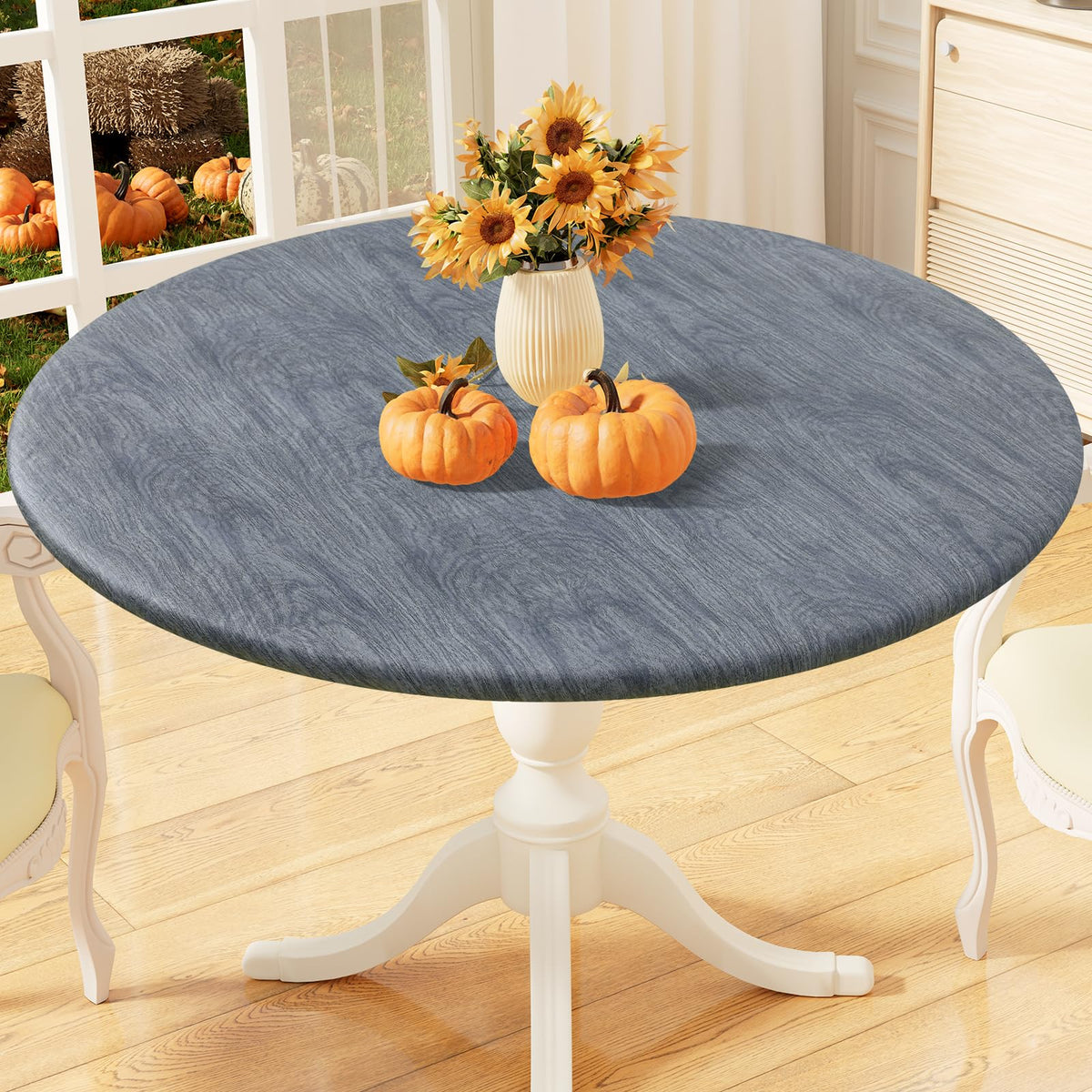 misaya Round Fitted Tablecloth with Elastic Edge, 100% Waterproof Oil Proof Plastic Table Cover, Vinyl Flannel Backed Tablecloth Fits 36"-44" Round Tables for Dinner, Outdoor, Picnic, Flowers