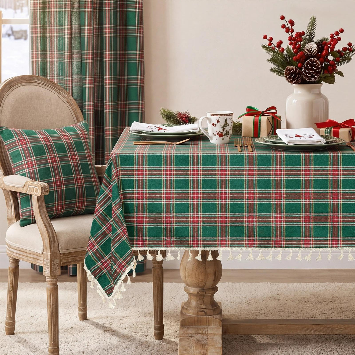 Softalker Gingham Rectangle Tablecloth with Tassel, Sage Green, 55" x 84"