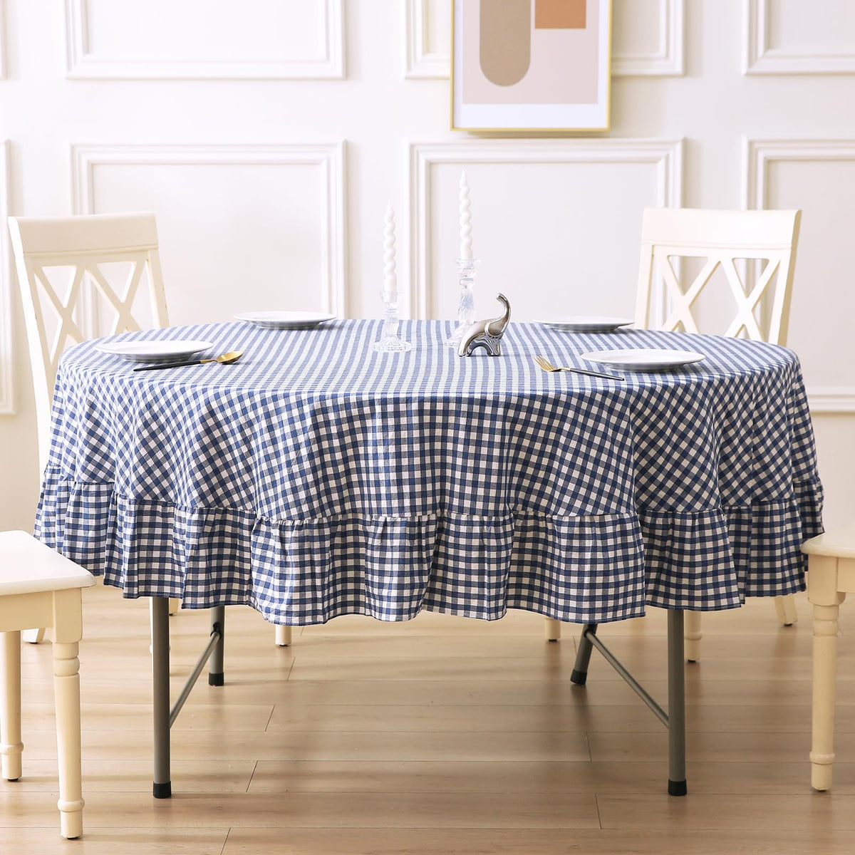 Blush White Gingham Ruffled Table Cloth Rectangular 120“x60”