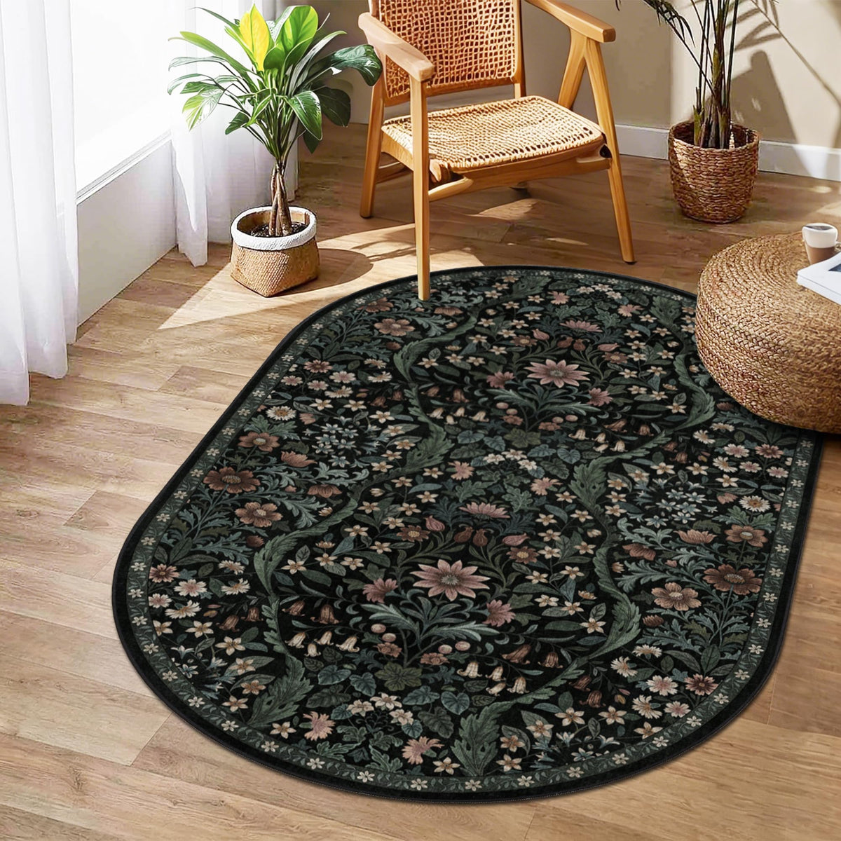 Floral Area Rug 5x7 Botanical Washable Carpet for Living Room