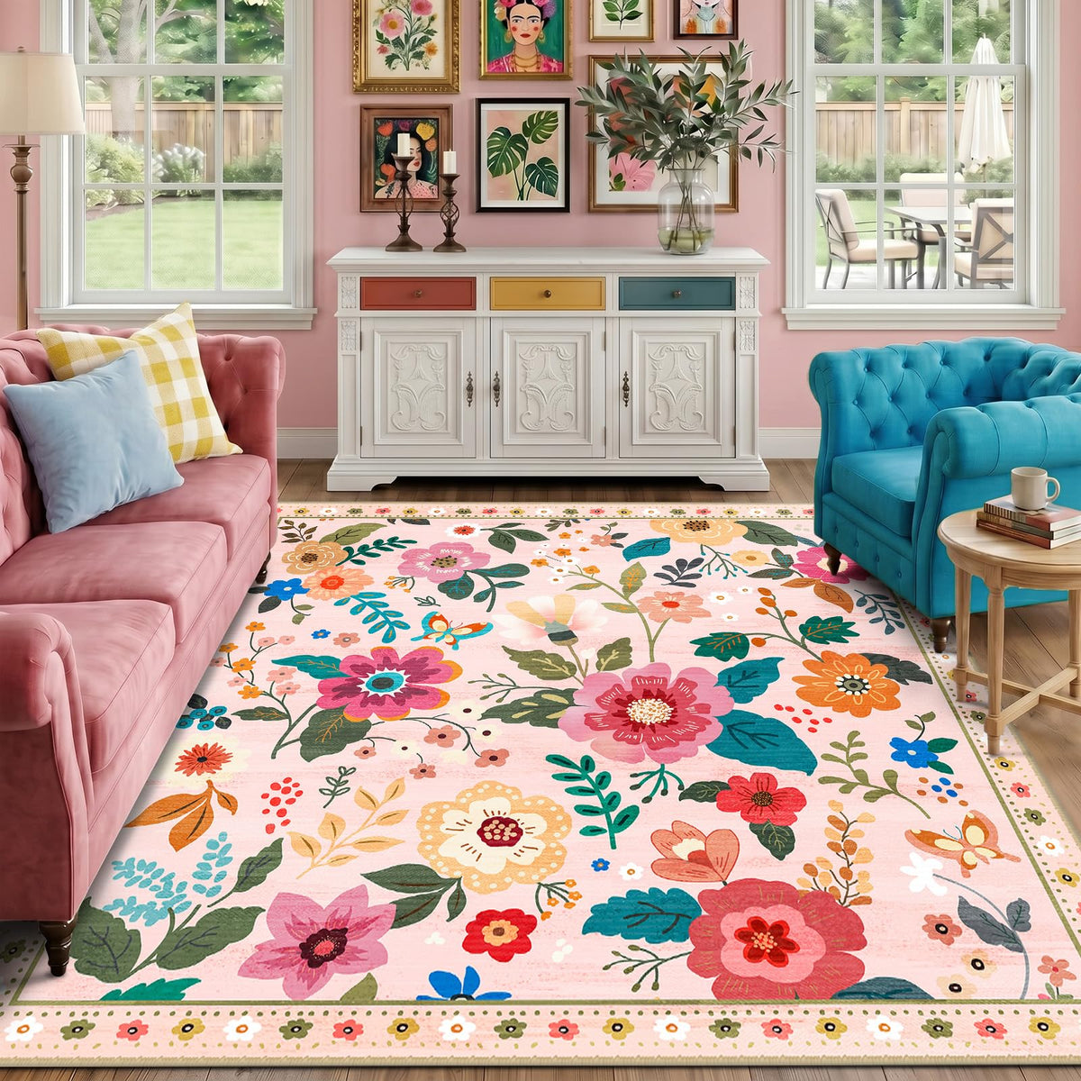 RELEANY Floral Washable 5x7 Area Rugs Black