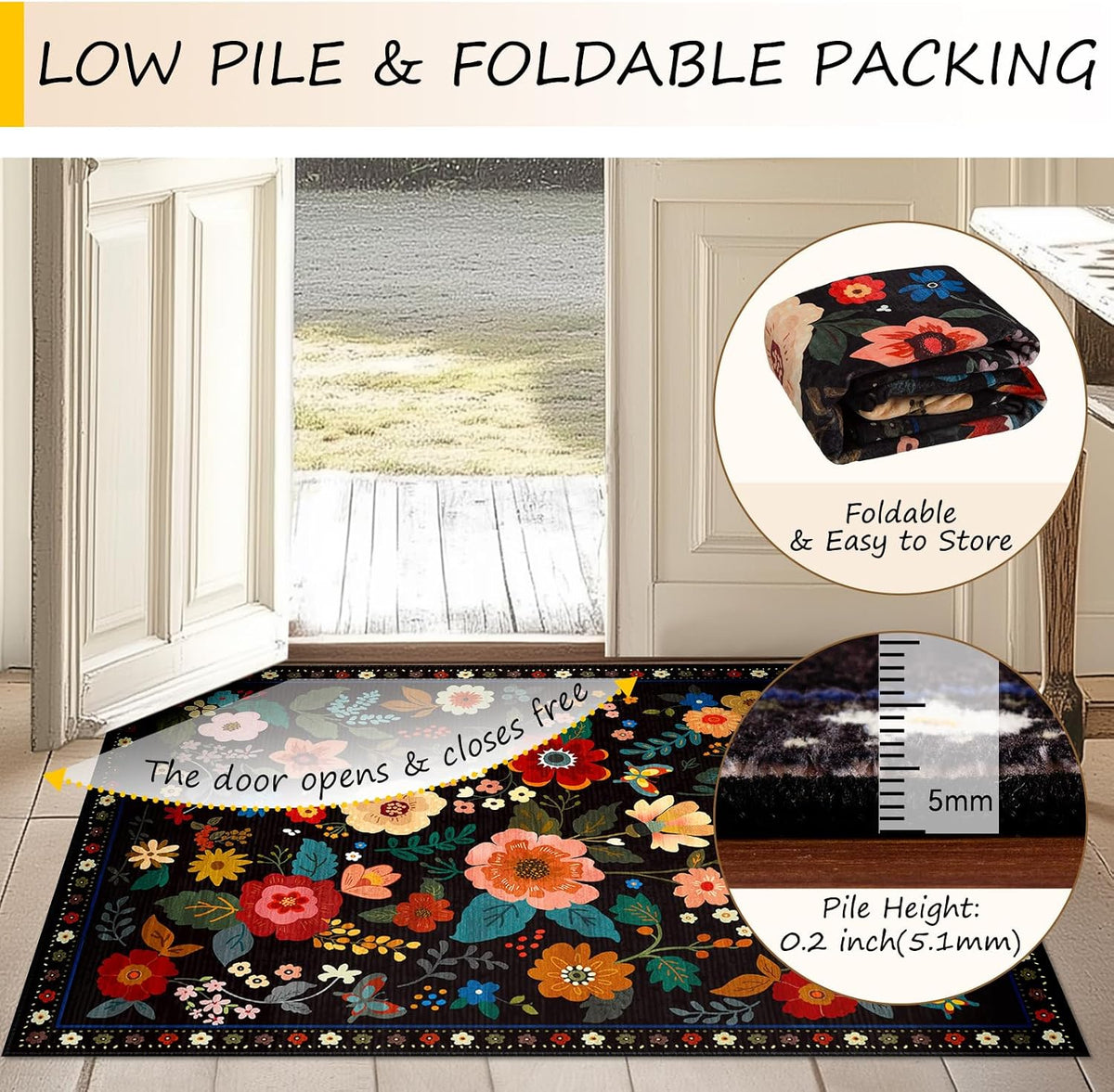 RELEANY Floral Washable 5x7 Area Rugs Black