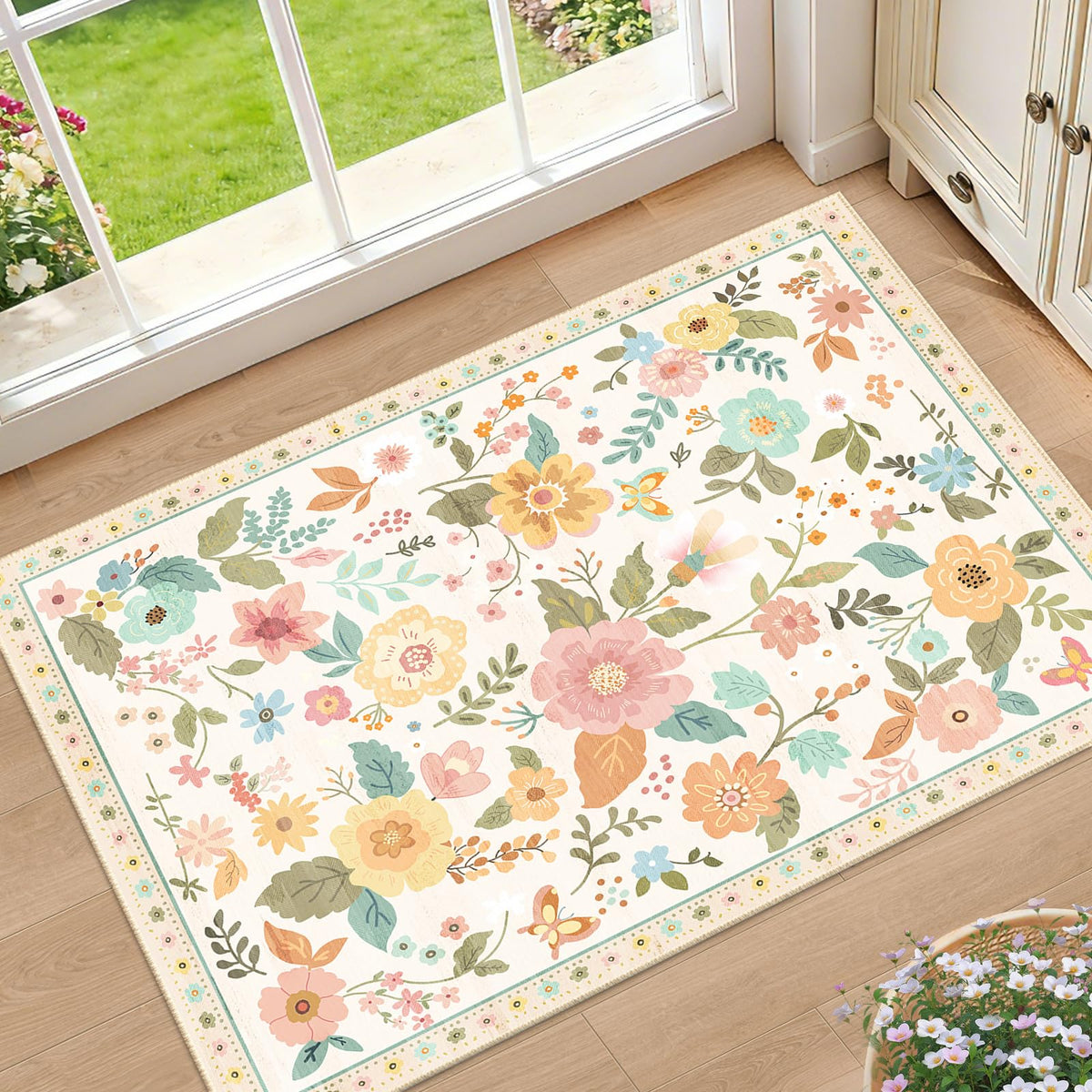 RELEANY Floral Washable 5x7 Area Rugs Black