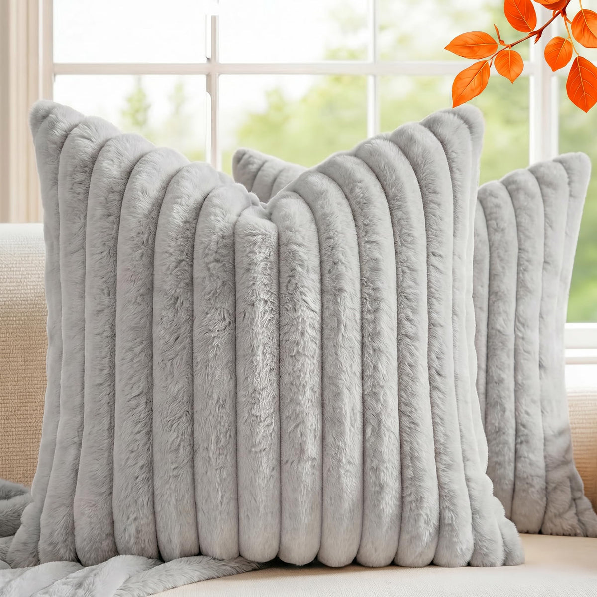 Set of 2 Decorative Throw Pillow Covers 18x18, Faux Fur Cream White
