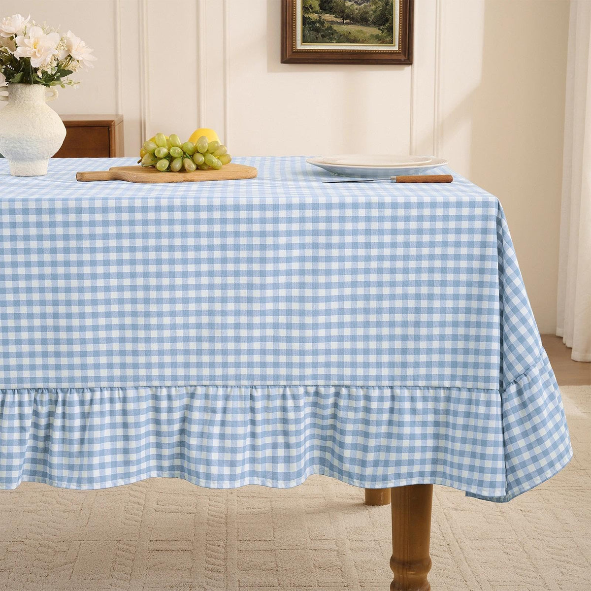 Romanstile Gingham Ruffled Tablecloth Rectangle, 60 x 84 Inch, Sage Green