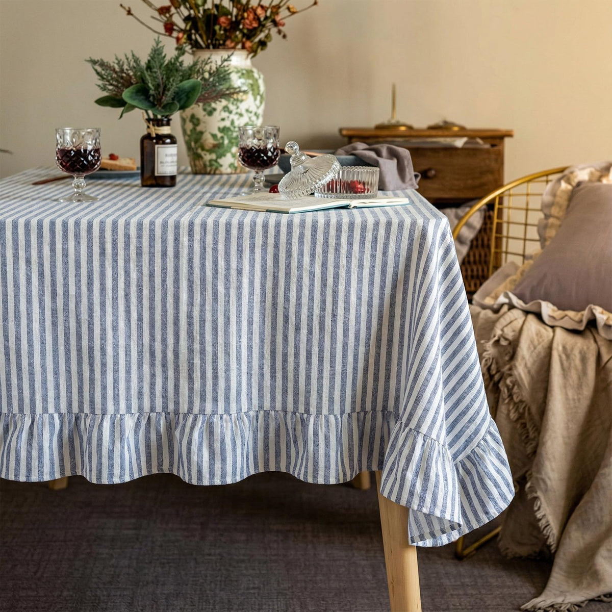 Boao Cotton Striped Tablecloth Rectangle 52" X 70" Beige White
