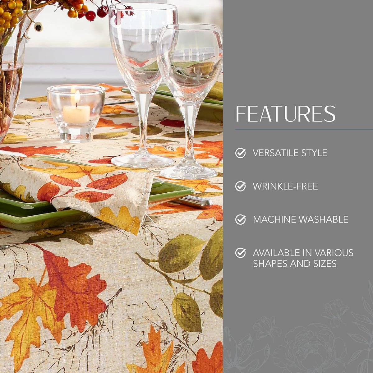 Threadmade Autumn Leaves Fall Printed Tablecloth, Multicolor - 60"W x 84"L