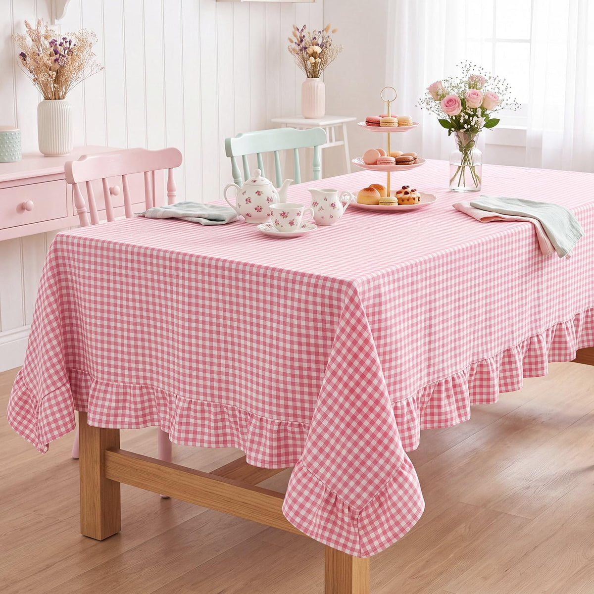 Mindsoft Brown Ruffled Gingham Tablecloth, 52 x 70 Inches, Rectangle