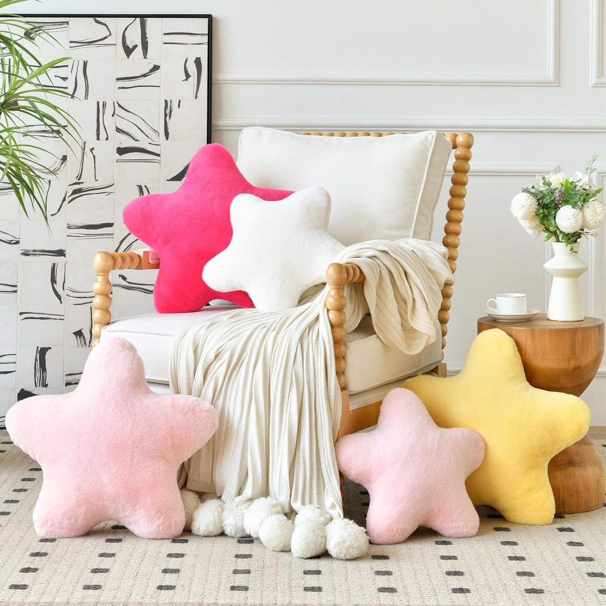 Star Pillow, Decorative Throw Pillows for Bed Couch, 15" Star Shaped Pillow Plush Floor Cushions Room Decor Pillow with Soft Faux Rabbit Fur for Sofa Bedroom Living Room