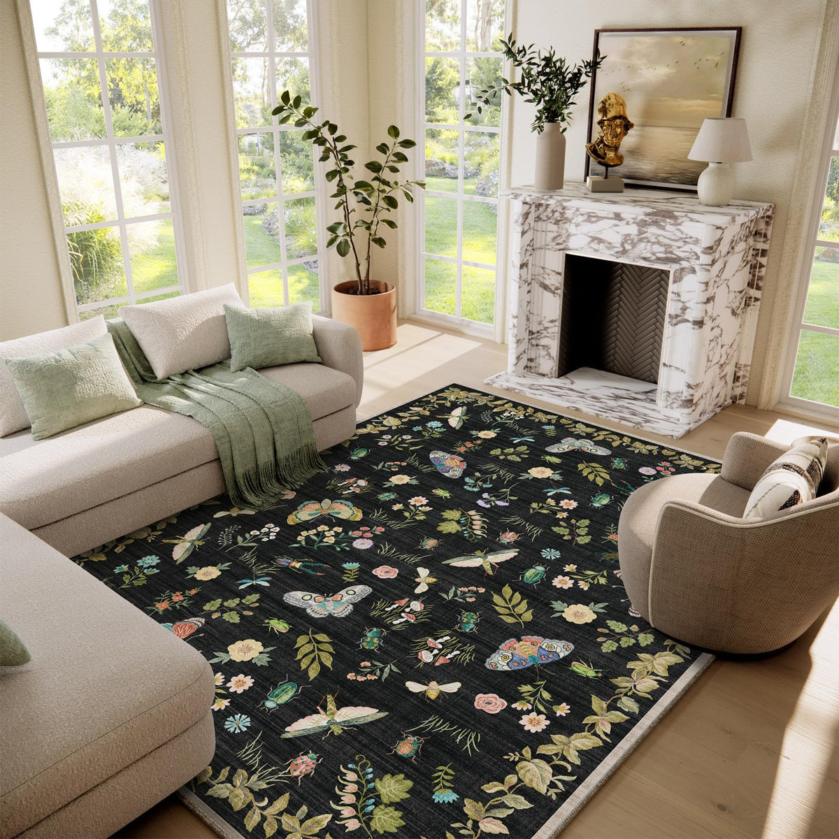Washable Area Rugs for Living Room: 9x12 Area Rug for Bedroom Vintage Stain Resistant Non Slip Low Pile Lightweight Soft Carpet for Kitchen Dining Room Farmhouse Kids Room Nursery