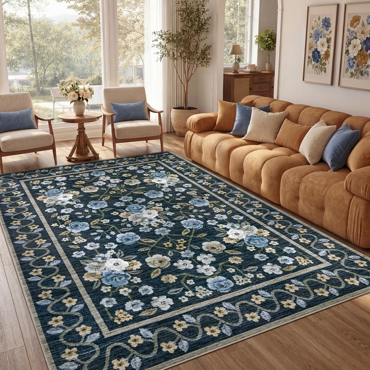 Garvee Beige Floral 5x7 Area Rug for Bedroom Living Room