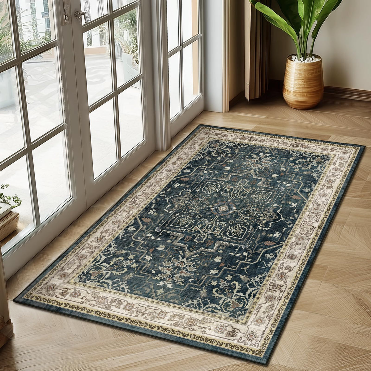 Vintage Dark Green Area Rugs 5x7 for Living Room, Tranditional Distressed Medallion Printed Low Pile Thin Rugs for Bedroom, Non Slip Washable Carpet Rugs for Dining Room/Kitchen/Home Office