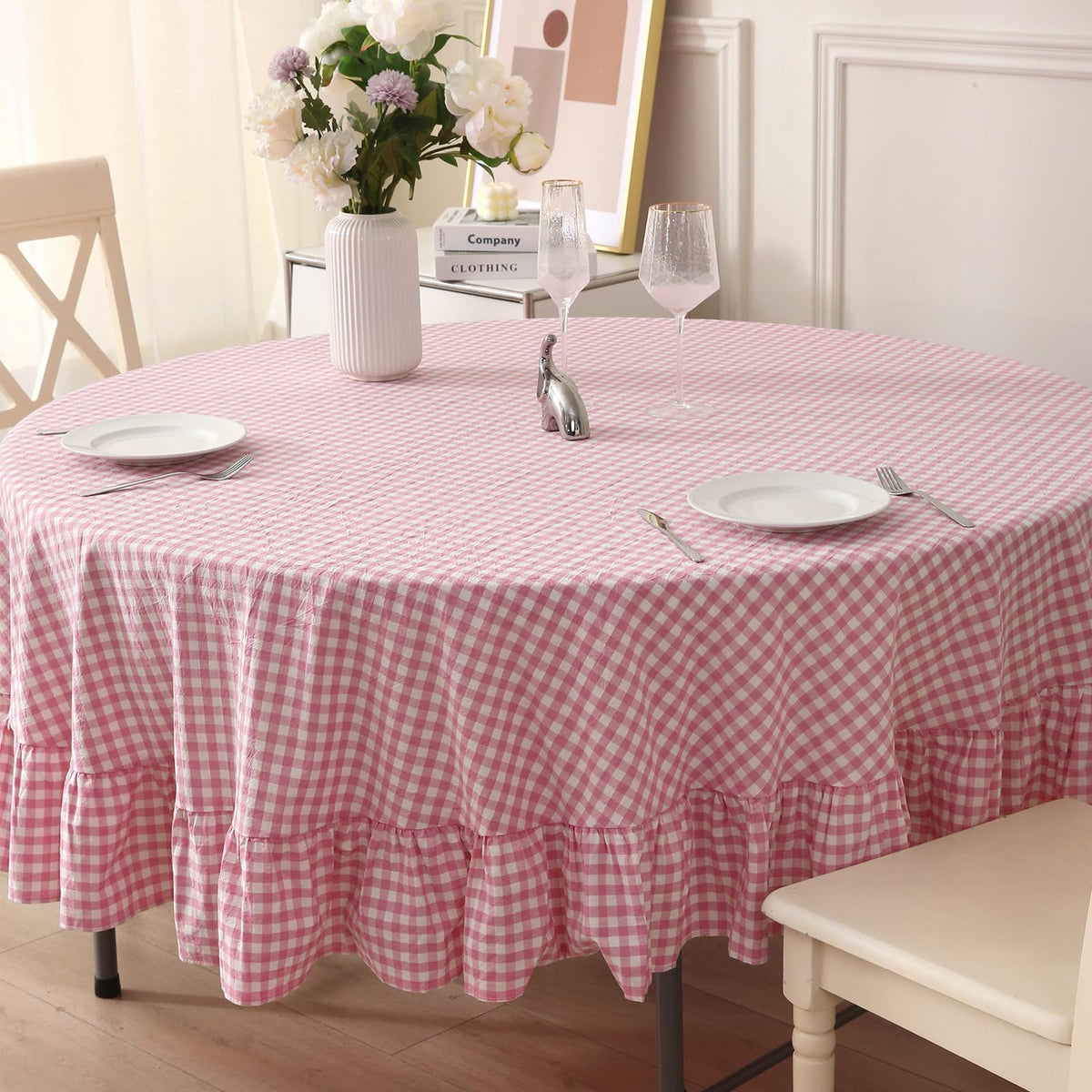 Blush White Gingham Ruffled Table Cloth Rectangular 120“x60”