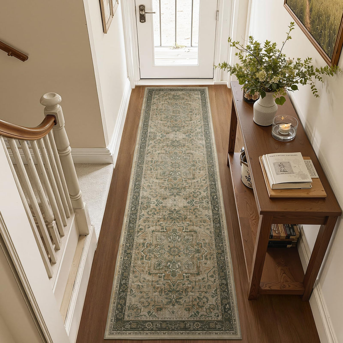 Vintage Dark Green Area Rugs 5x7 for Living Room, Tranditional Distressed Medallion Printed Low Pile Thin Rugs for Bedroom, Non Slip Washable Carpet Rugs for Dining Room/Kitchen/Home Office