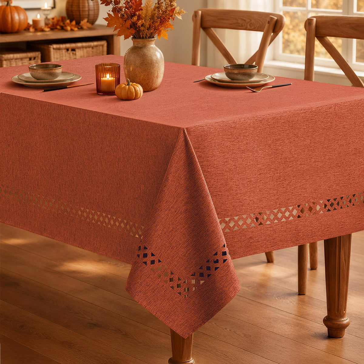 MIULEE Beige Rectangle Tablecloth with Decorative Cutouts 60x104 inch