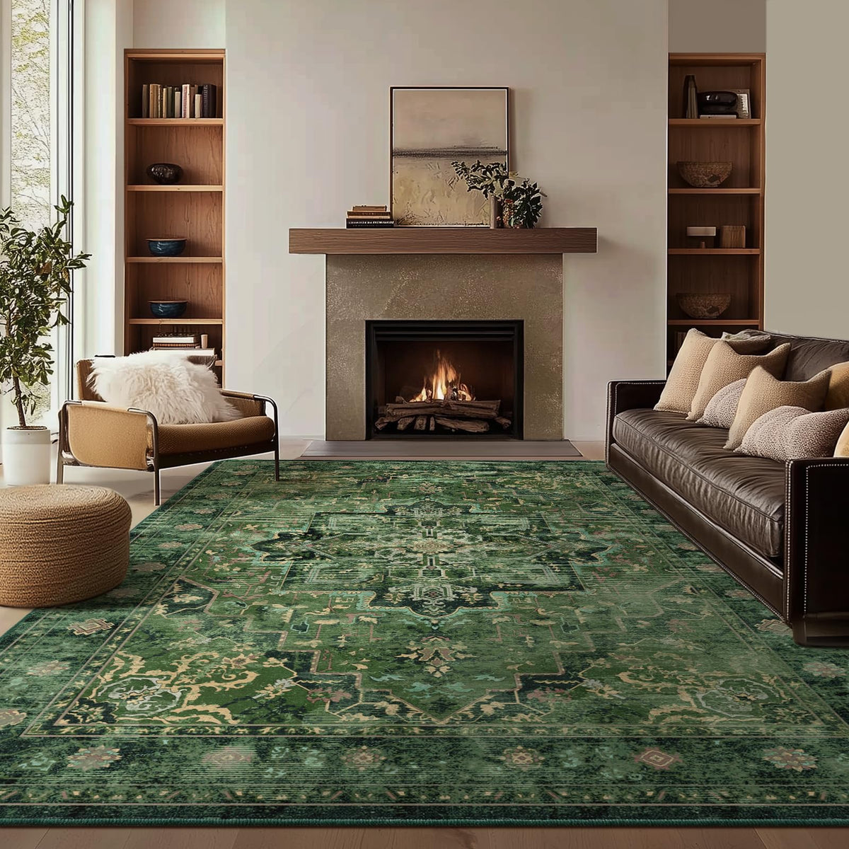 Vintage Dark Green Area Rugs 5x7 for Living Room, Tranditional Distressed Medallion Printed Low Pile Thin Rugs for Bedroom, Non Slip Washable Carpet Rugs for Dining Room/Kitchen/Home Office
