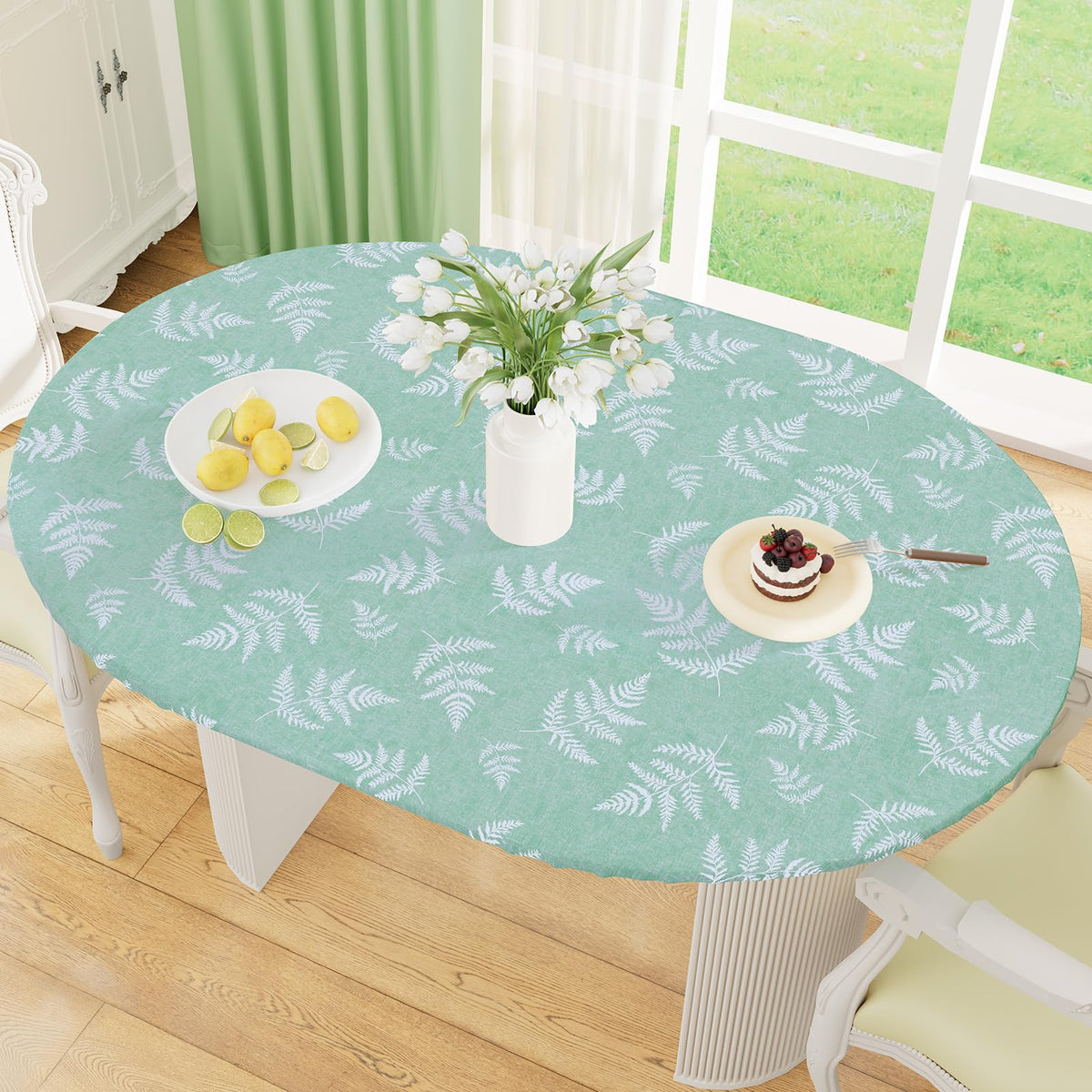 misaya Round Fitted Tablecloth with Elastic Edge, 100% Waterproof Oil Proof Plastic Table Cover, Vinyl Flannel Backed Tablecloth Fits 36"-44" Round Tables for Dinner, Outdoor, Picnic, Flowers
