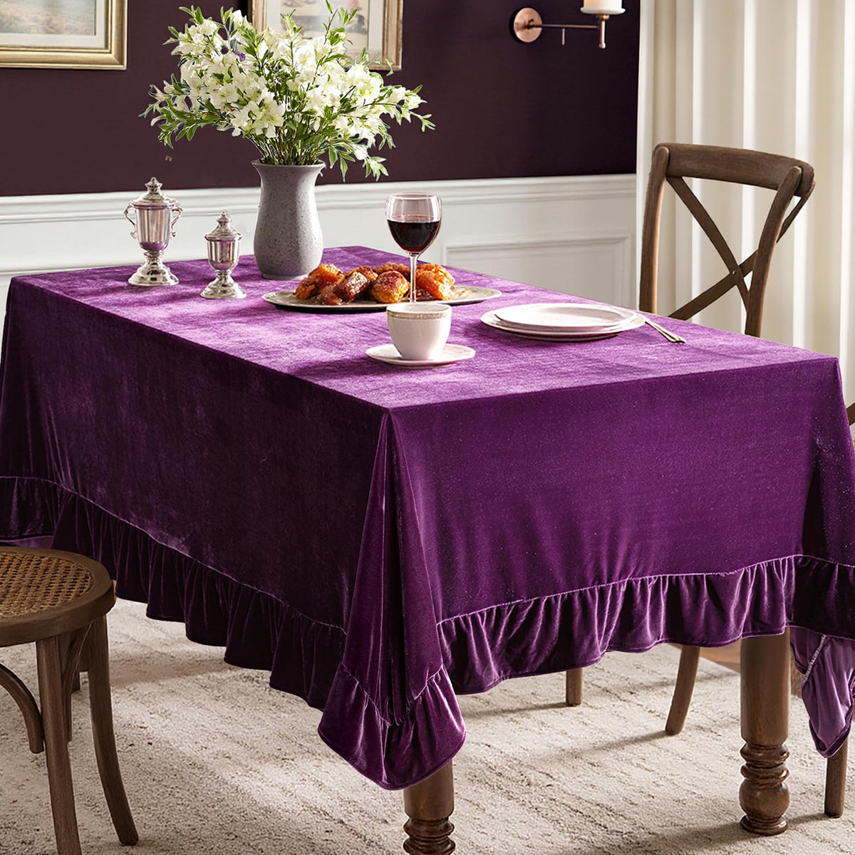 MIULEE Velvet Tablecloth with Decorative Ruffle 60x120 Inch Olive Green