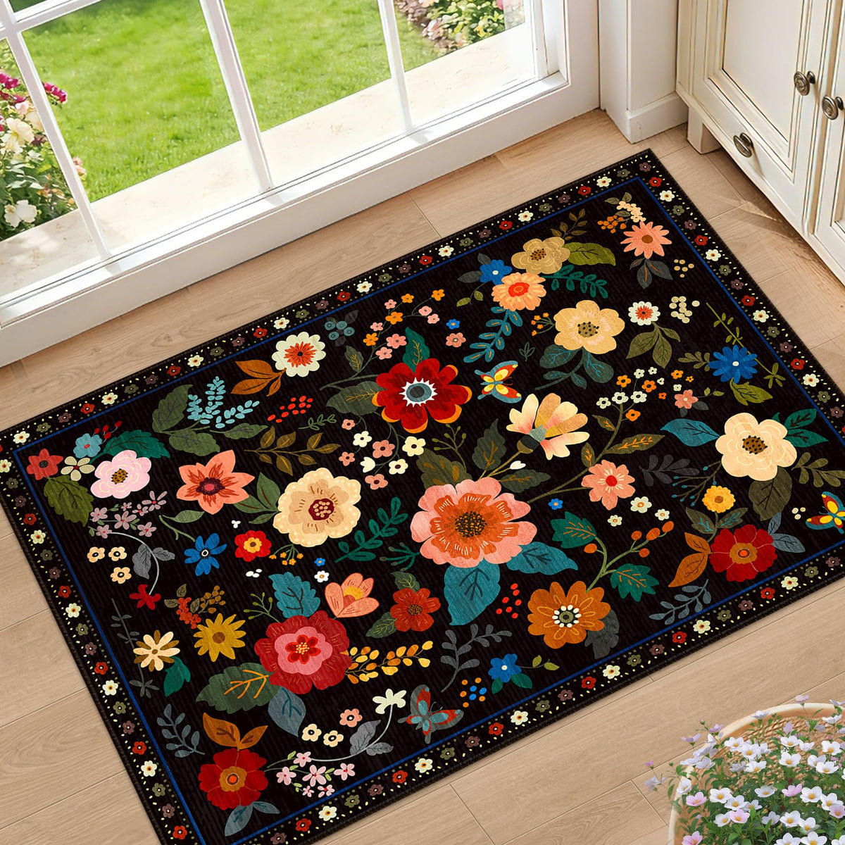 RELEANY Floral Washable 5x7 Area Rugs Black