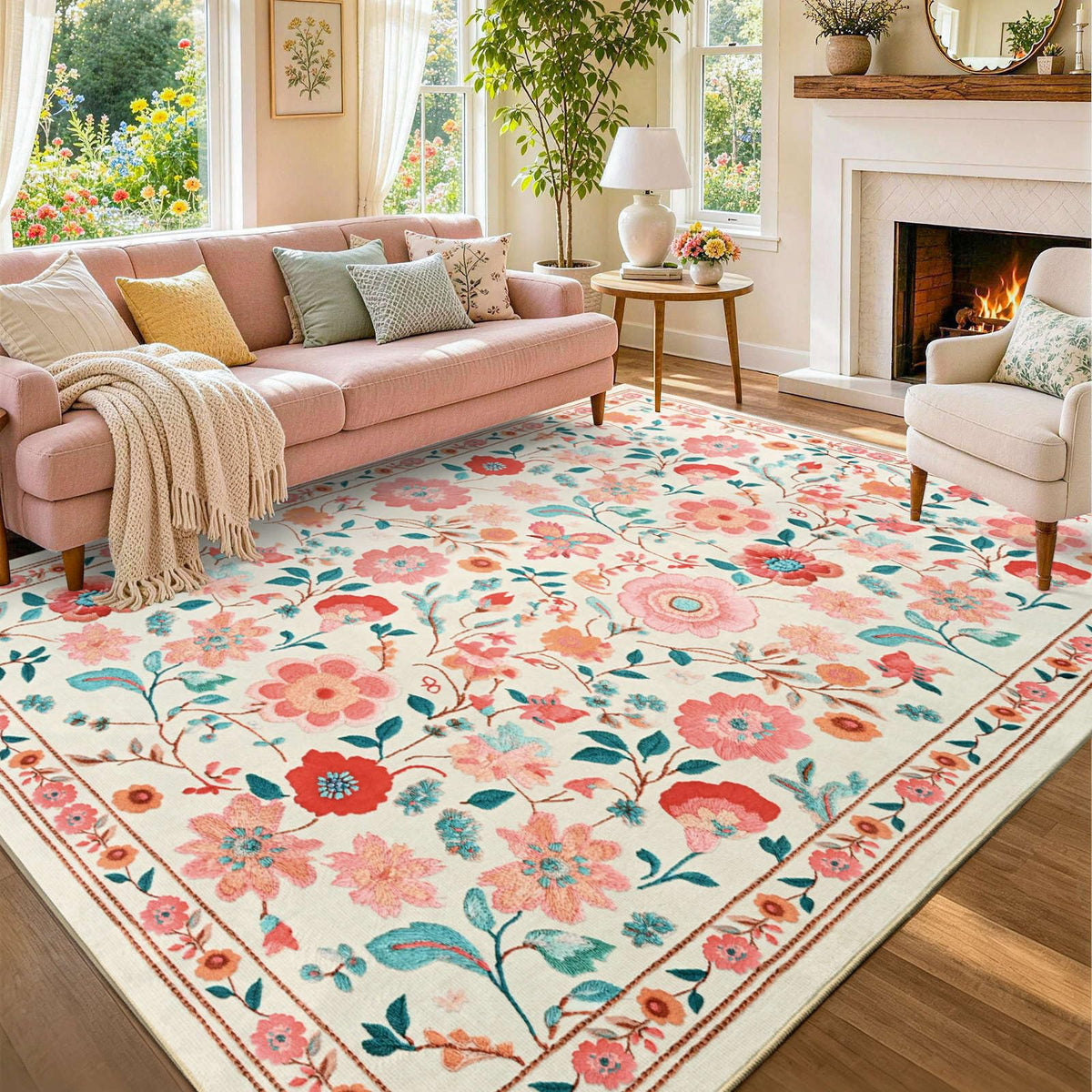 6x9 Ft Large Area Rugs for Living Room, Soft Non-Slip Machine Washable Rug, Vintage Stain Resistant Carpets for Bedroom Nursery Dining Room Home Decor (Beige)